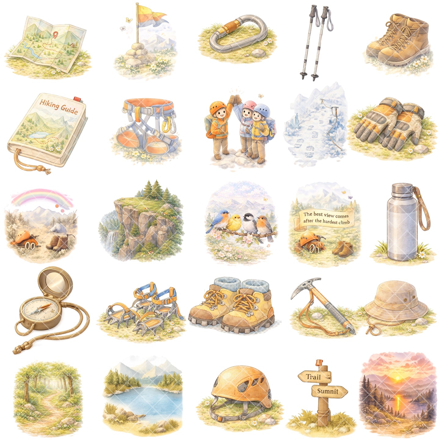 Mountaineering Watercolor Clipart Bundle – Hiking & Camping Adventure PNG, Mountain Nature Art for Journals, Scrapbooks & Travel, 50 PNG