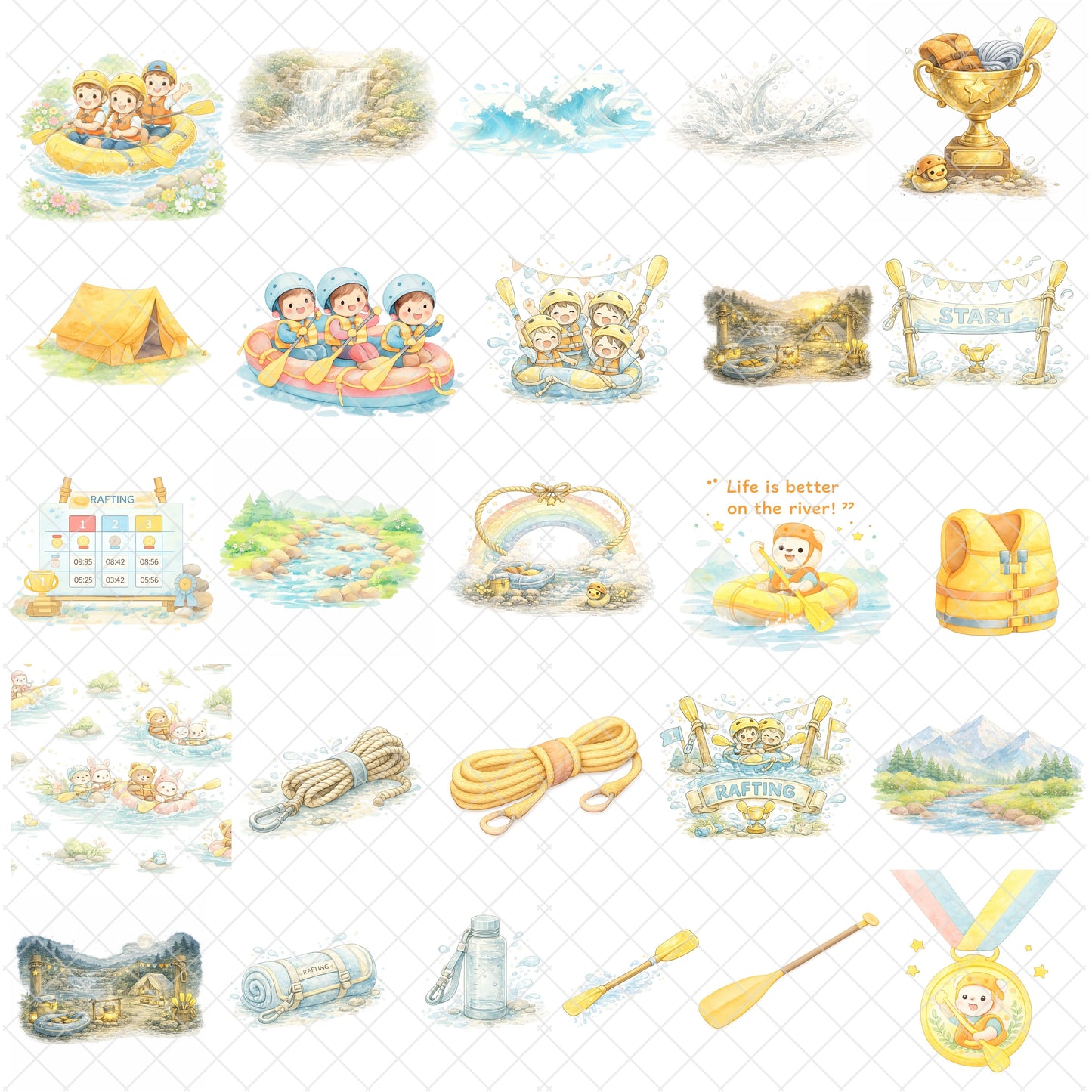 Rafting Watercolor Clipart – Outdoor Adventure PNG, Kids Camping & River Rafting Illustrations for Travel Journals, Invitations & Crafts (51 PNG)