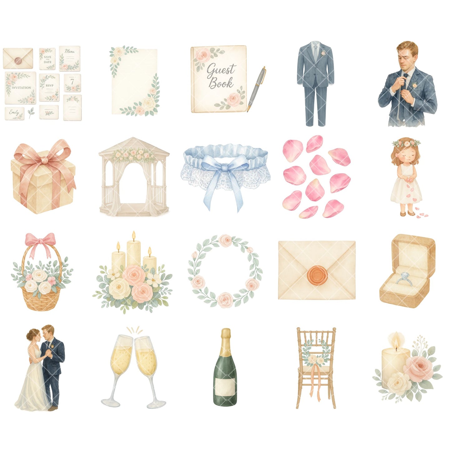 Watercolor Wedding Clipart Bundle, Romantic Bride Groom PNG, Wedding Decor Flowers Rings Cake Arch Set (54 PNG)