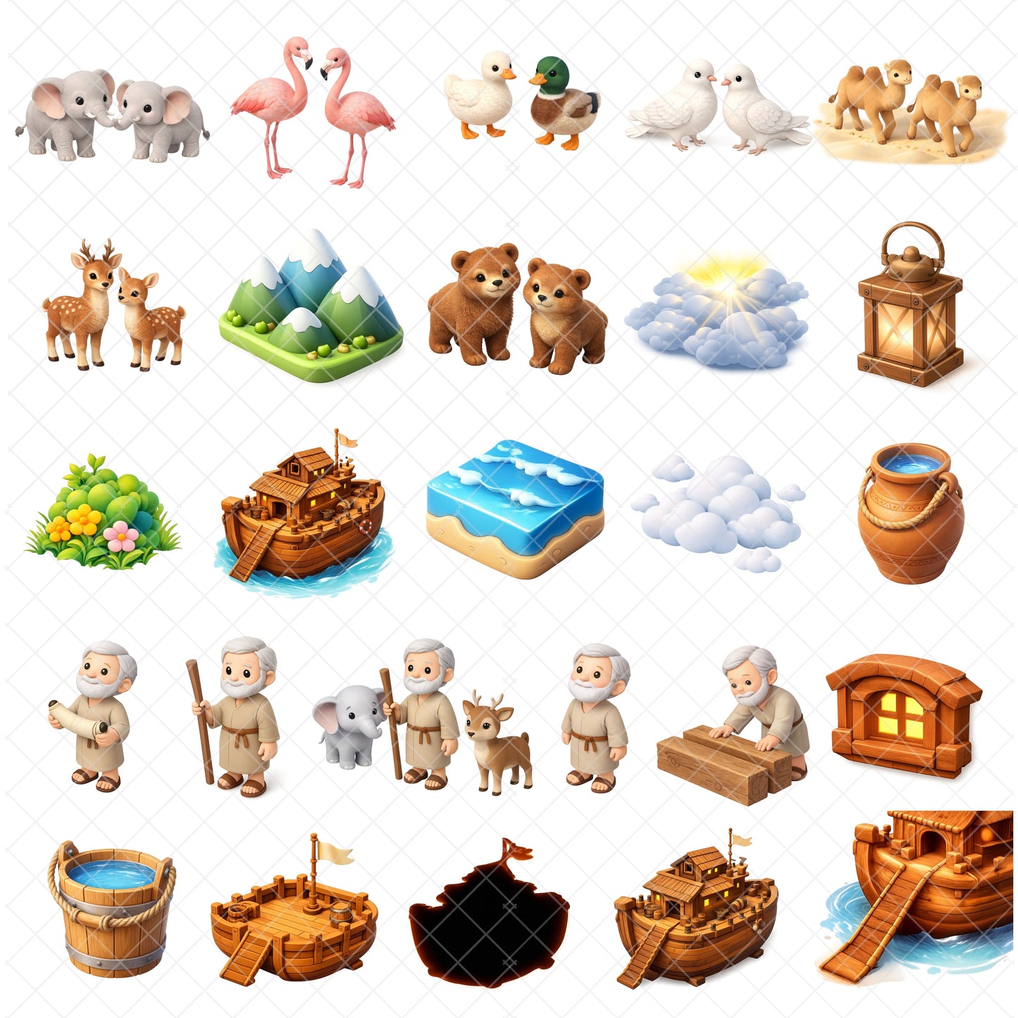 Noah’s Ark Clipart Bundle – 3D Bible Story PNG, Christian Kids Graphics, Ark & Animals Clipart, Sunday School Art, 60 PNG