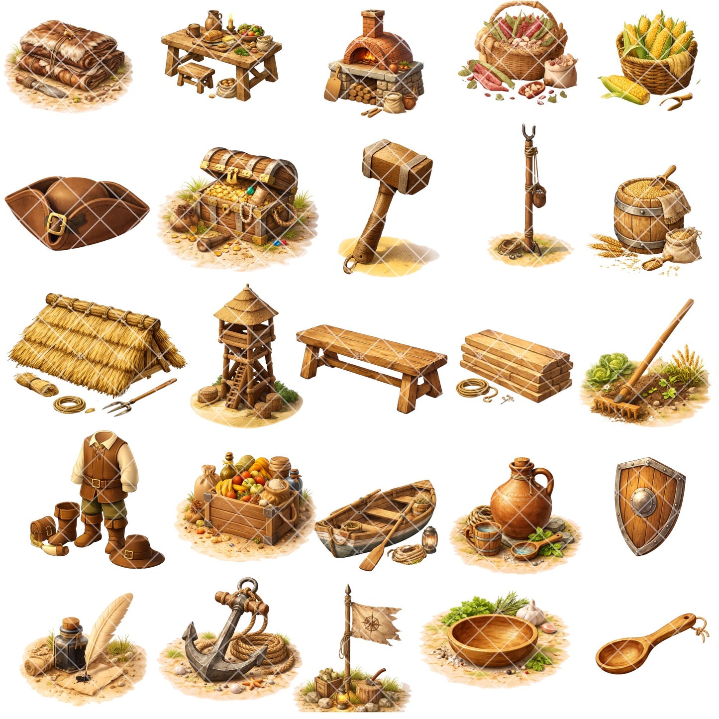 Jamestown Settlement Clipart – 50 Colonial America PNG Files – Pilgrim Village, Fort & Early Colony Graphics