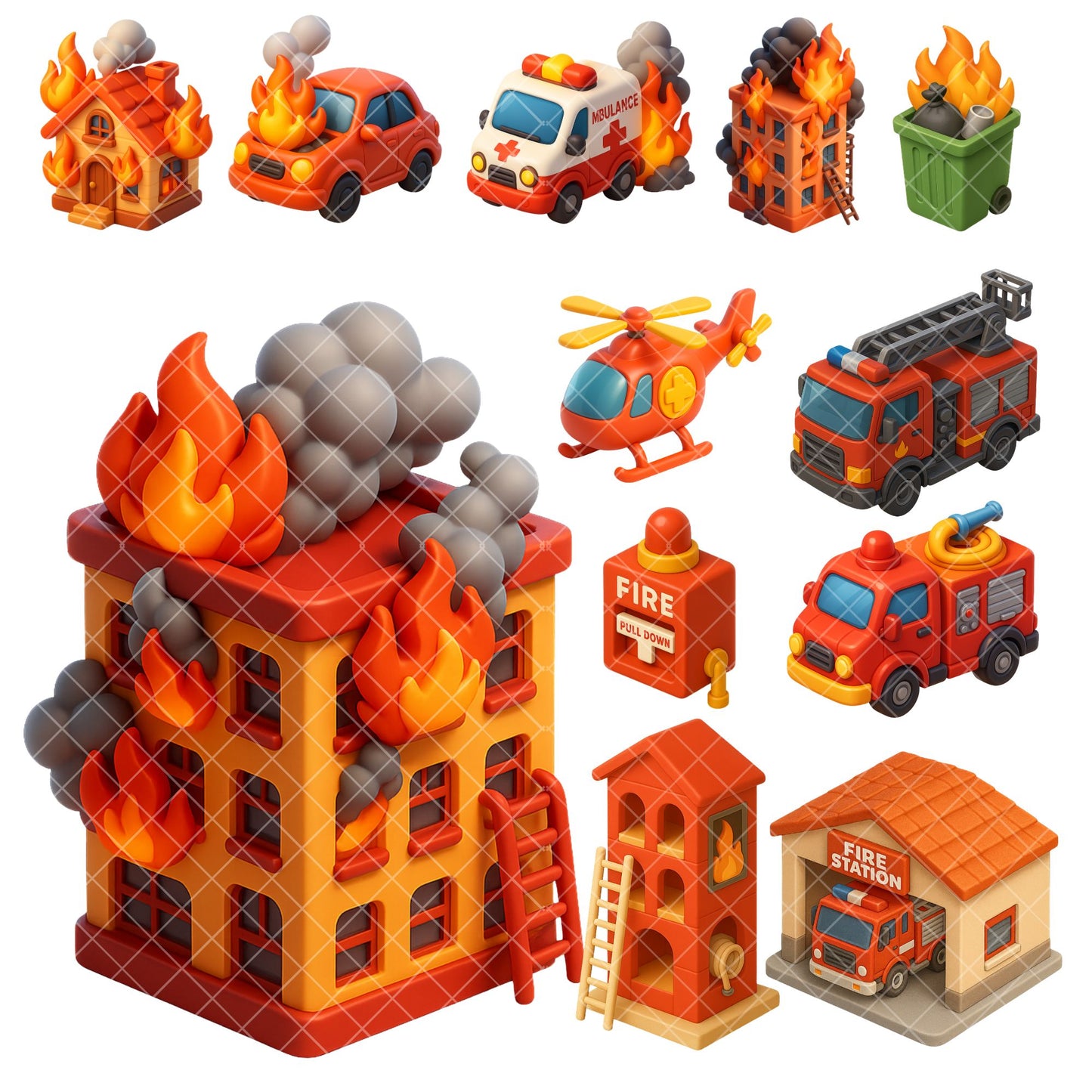 Fire Station Clipart – Firefighter & Emergency Response PNG Set, Rescue Trucks & Safety Graphics (63 Files)
