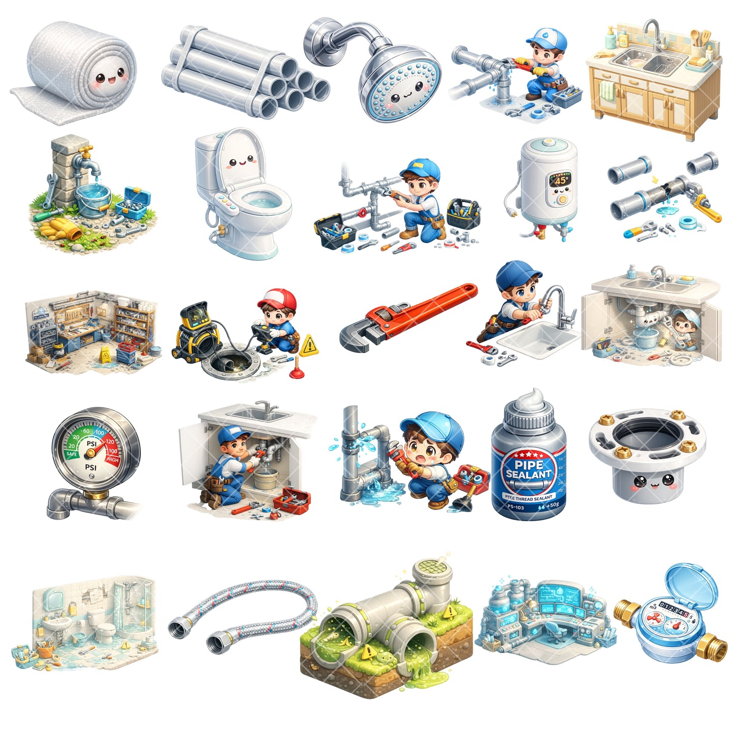 Plumber Clipart Bundle – 3D Isometric Plumbing PNGs (49 Files) – Repair Tools, Pipes & Contractor Graphics