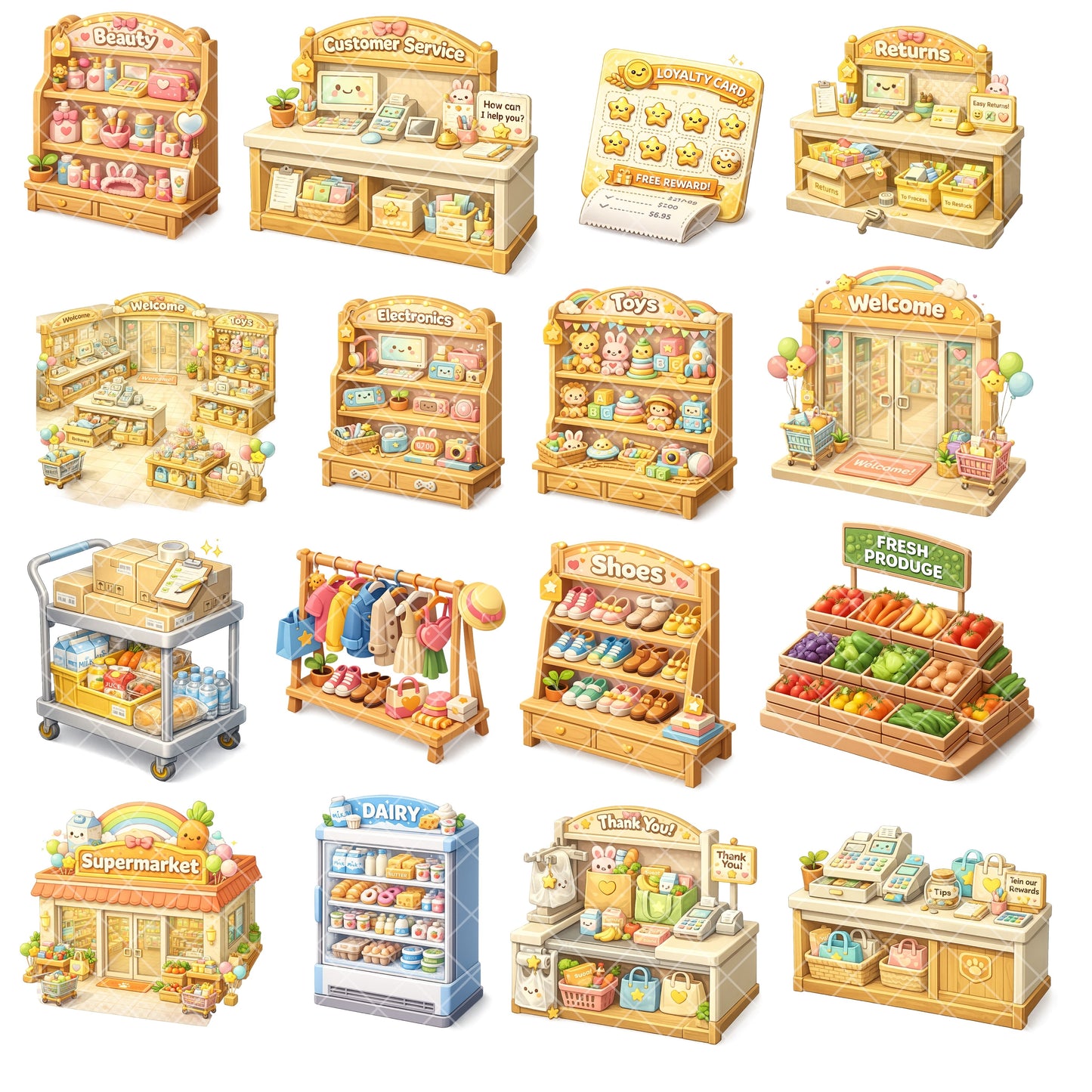 Retail Cashier Clipart Bundle – 3D Supermarket PNGs (47 Files) – Checkout Counter, POS System, Staff & Financial Literacy Graphics