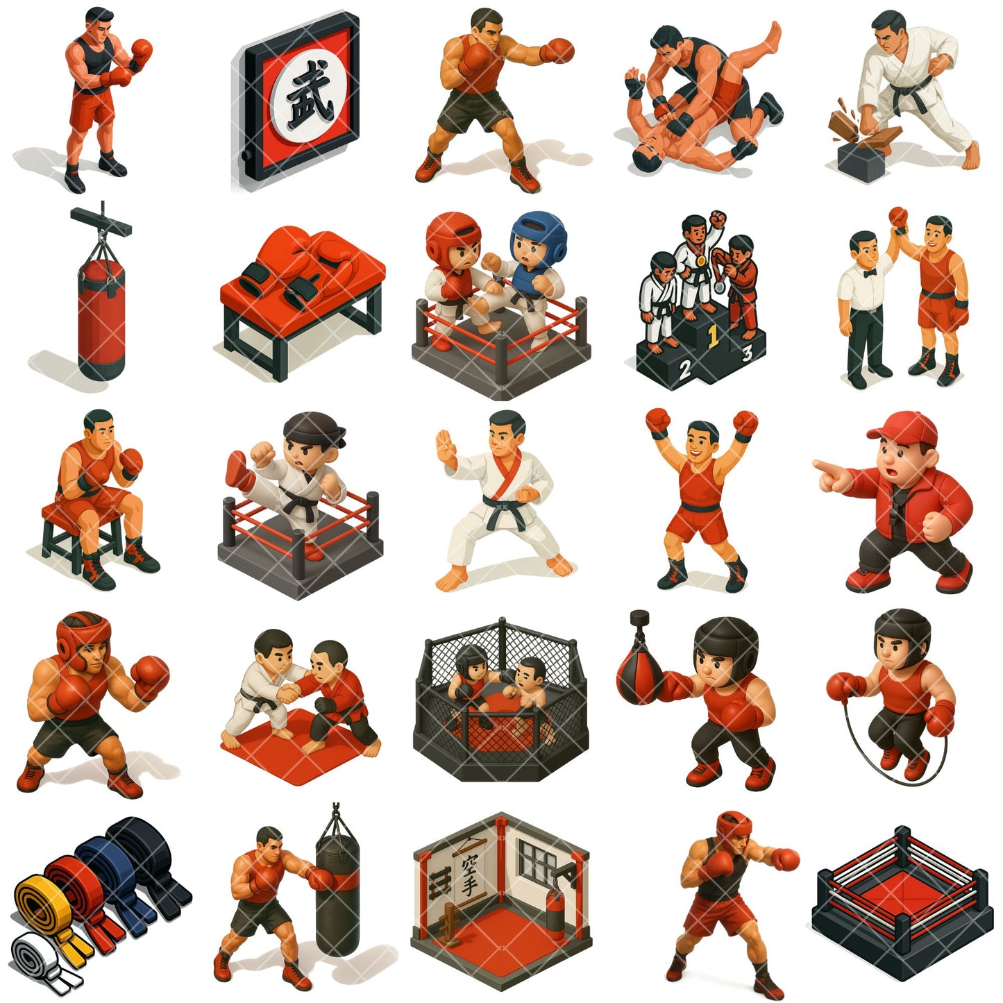 Martial Arts Boxing 3D Clipart PNG | MMA Karate Isometric Illustrations | Gym Sports Clipart | Training Graphics | Commercial Use