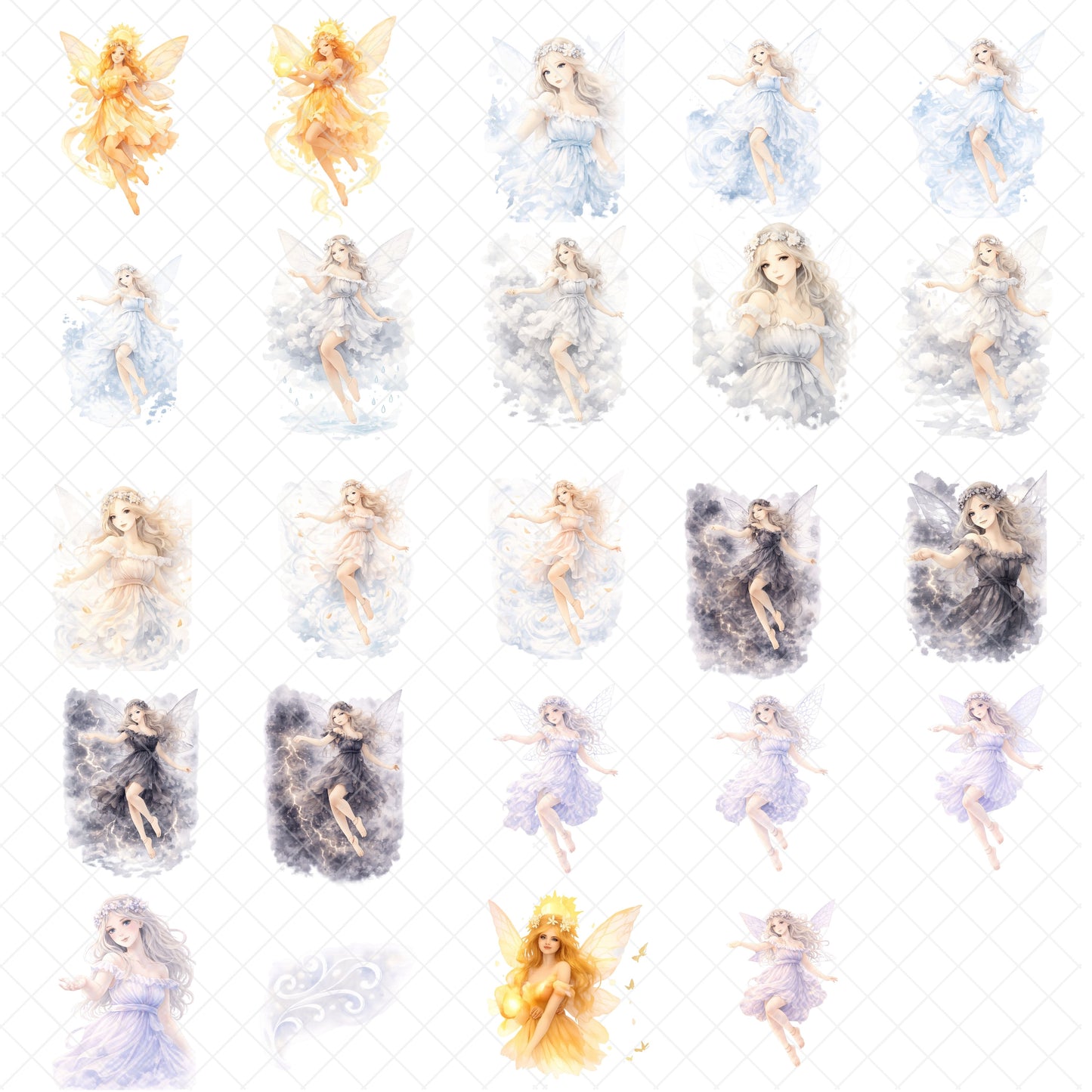 Fairy Weather Clipart – Watercolor Fairy PNG Bundle (48 Files) – Magical Fantasy Art, Rain Sun Snow Rainbow Graphics