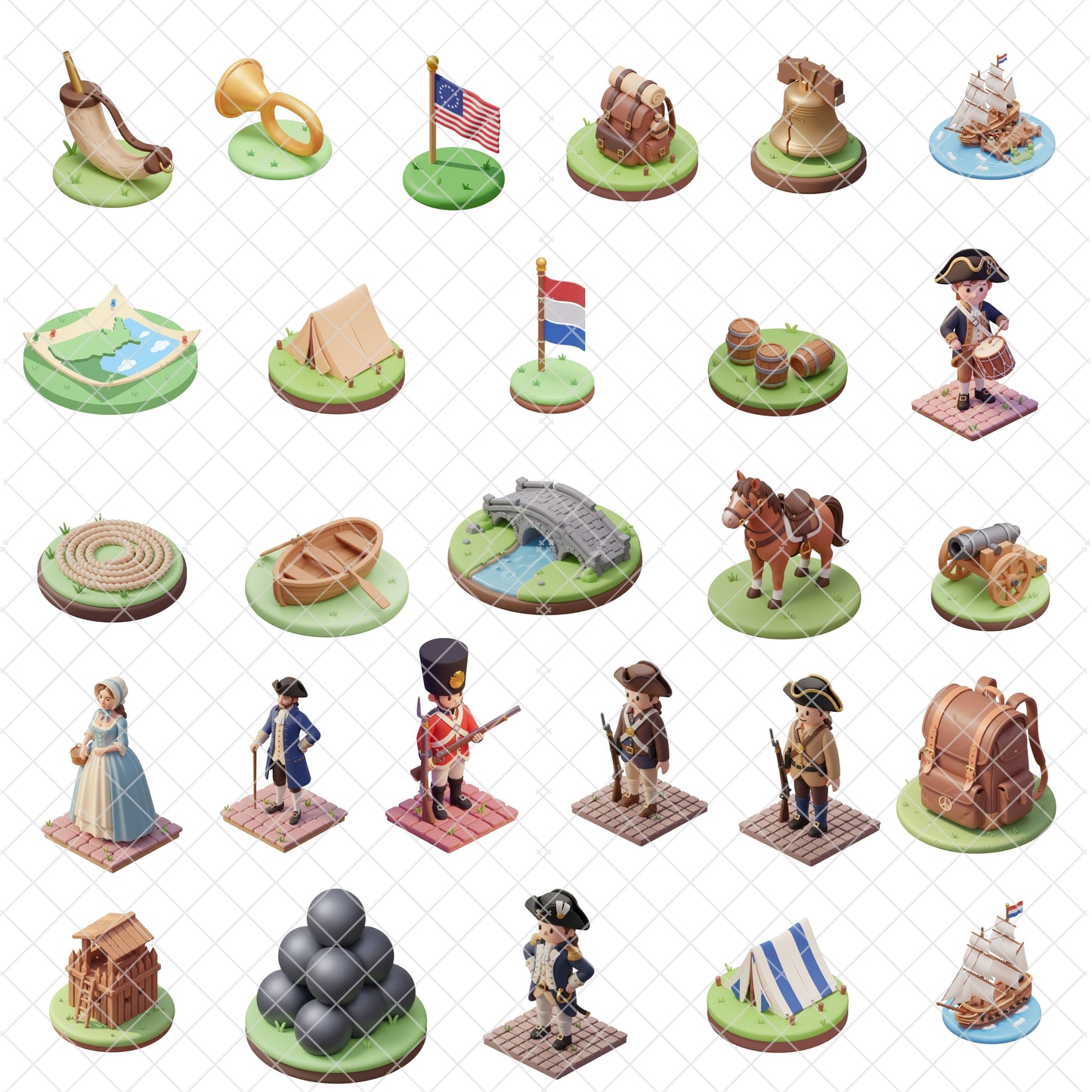American Revolution 3D Clipart PNG Bundle – 60 Colonial War & Independence History Graphics