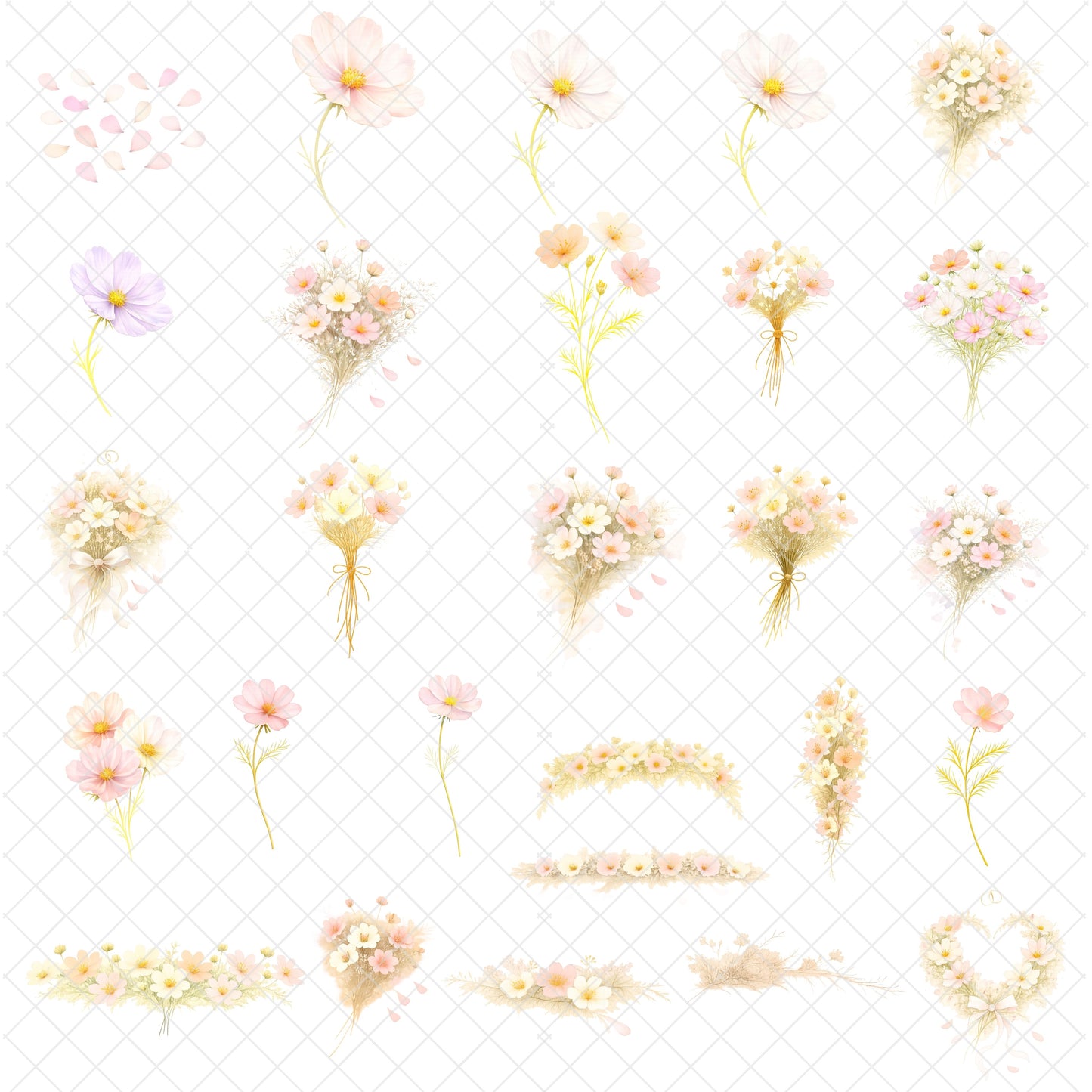 Cosmos Watercolor Clipart – Pastel Flower PNG Bundle (55 Files) – Wedding Florals, Journal & Stationery Graphics
