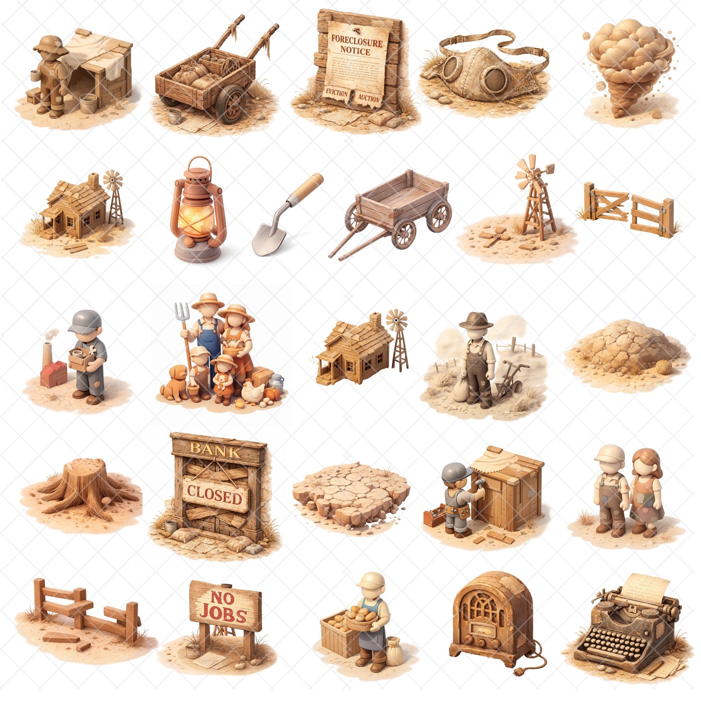 Great Depression 3D Clipart PNG Bundle – 55 Historical 1930s Graphics for History Class & Homeschool Lessons