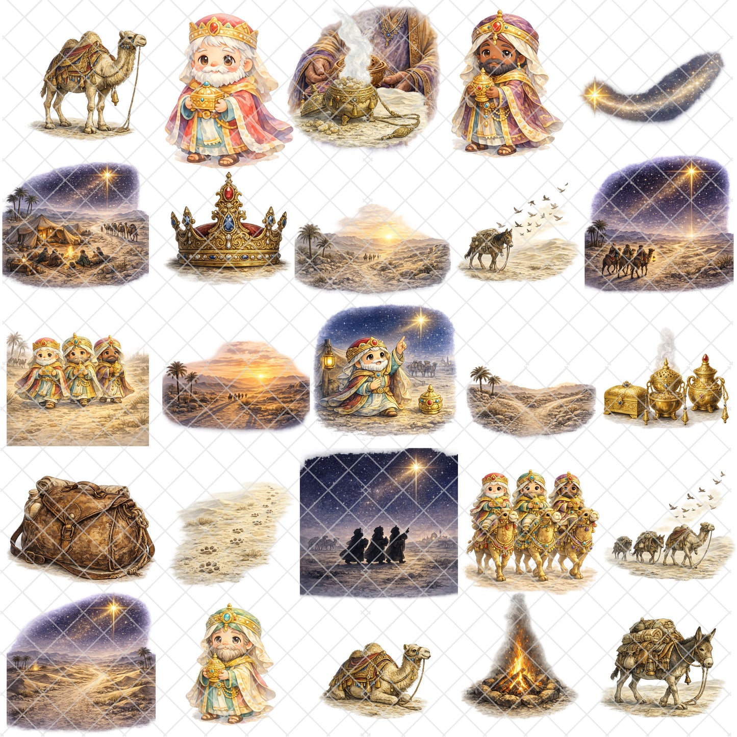 Wise Men Journey Watercolor Clipart PNG Bundle – 60 Nativity Graphics, Three Kings, Camels & Christmas Bible Art
