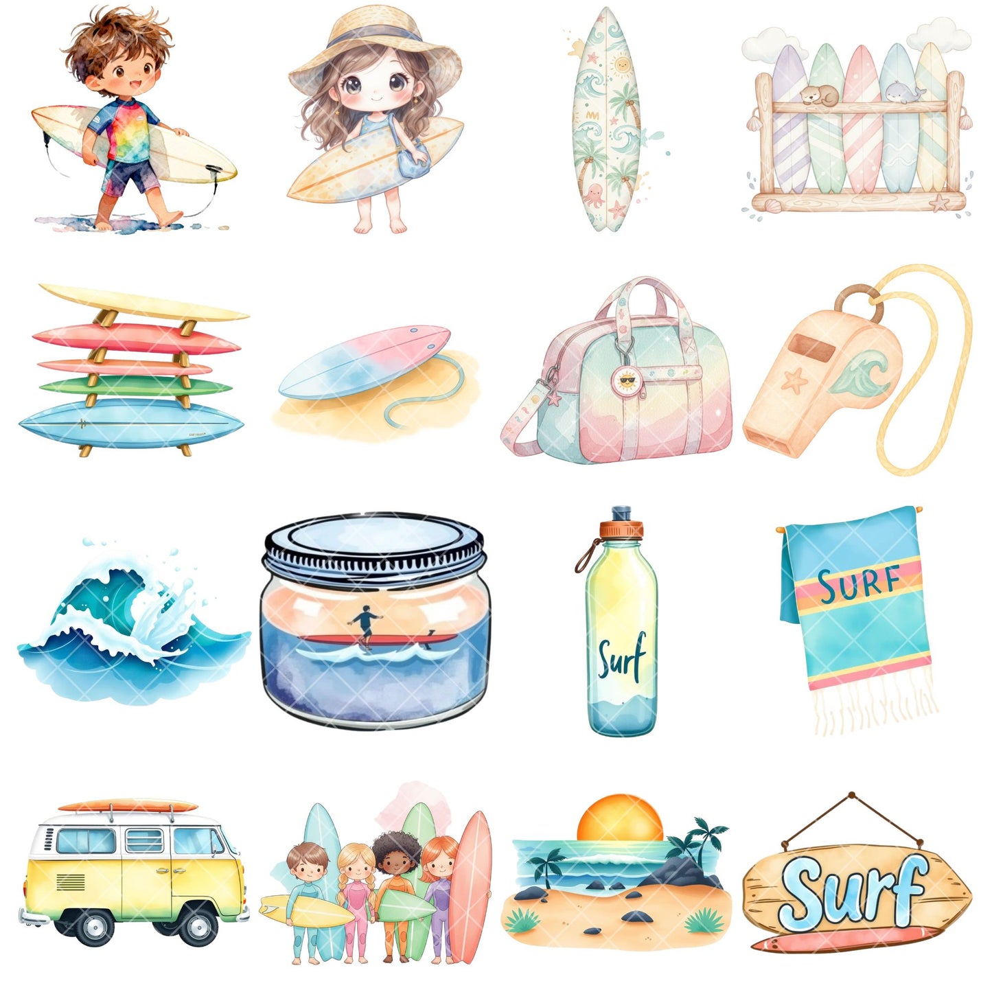 Surfing Watercolor Clipart – 55 Beach PNG Bundle – Surfers, Surfboards, Ocean Waves & Summer Coastal Graphics