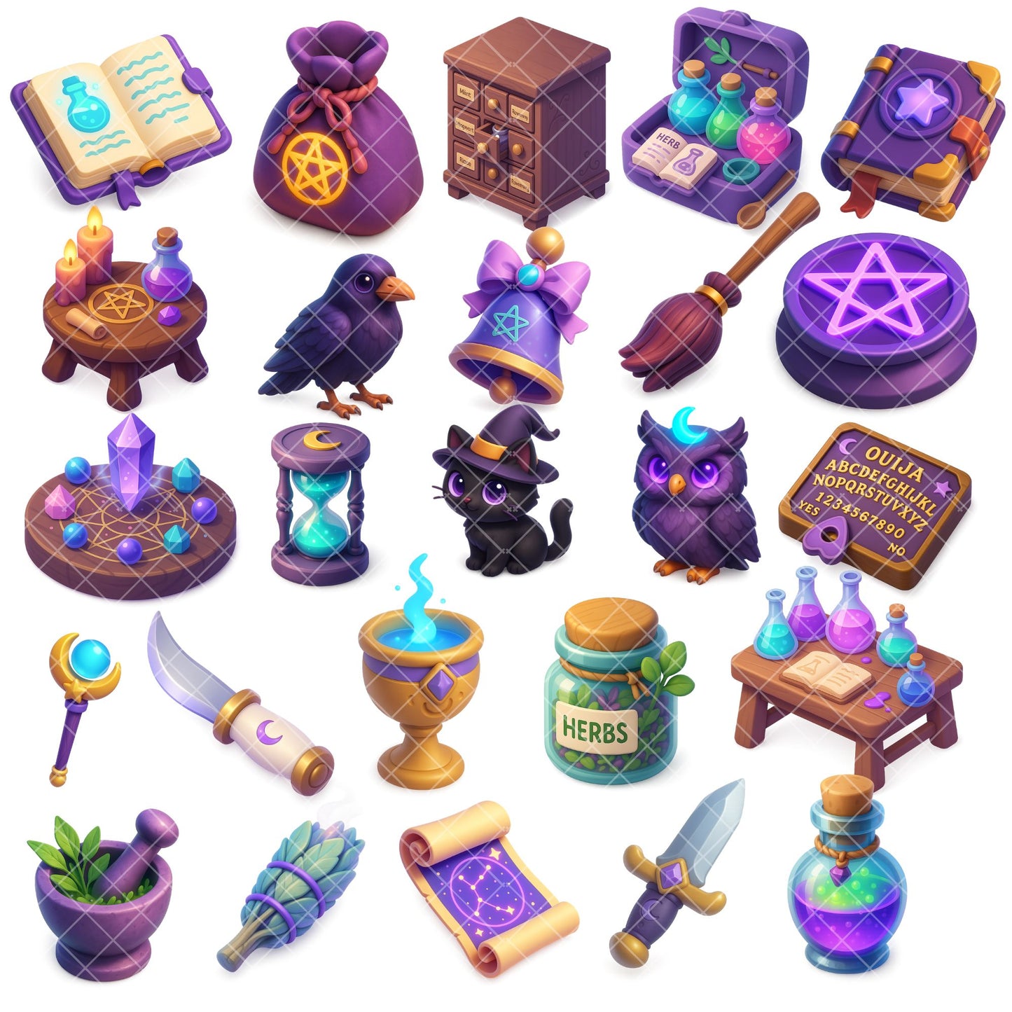 Witchcraft Clipart Bundle – Magical Potions, Crystals & Herbs PNG | Witchy Watercolor Graphics for Tarot, Planners, Stickers (65 Files)