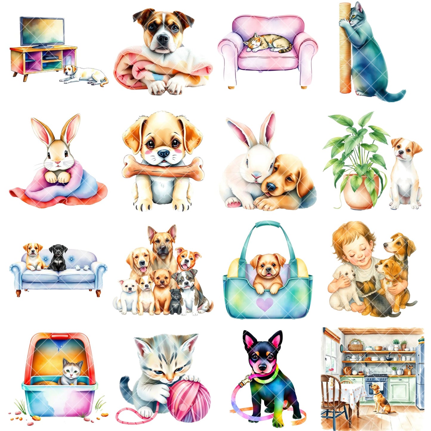 Home Pets Watercolor Clipart – 51 Pet PNG Bundle – Dogs, Cats, Bunnies & Fish for Nursery, Gifts & Sublimation