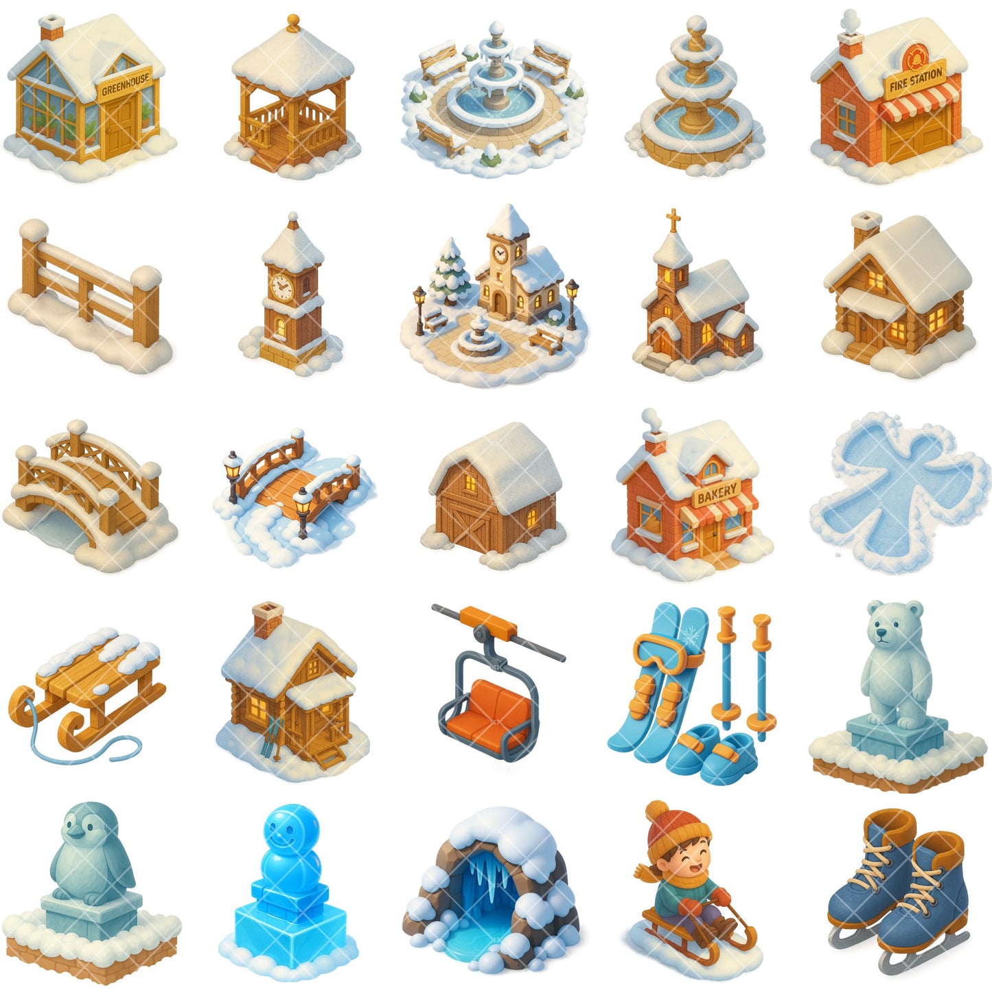 Winter Village Clipart PNG – Snowy Town, Castle & Park | Winter Wonderland 3D Landscape Art (60 Files)