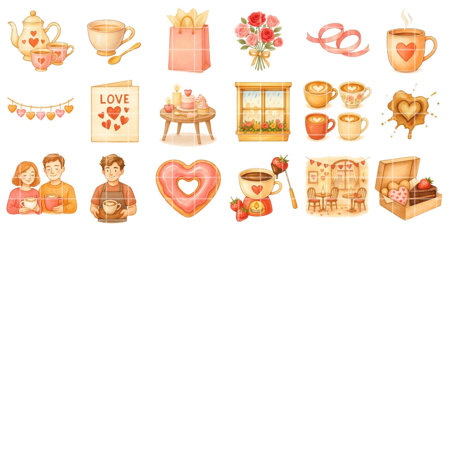 Watercolor Valentine Cafe Clipart, Coffee & Desserts PNG Set, Romantic Cafe Art, Hearts Flowers (54 PNG)