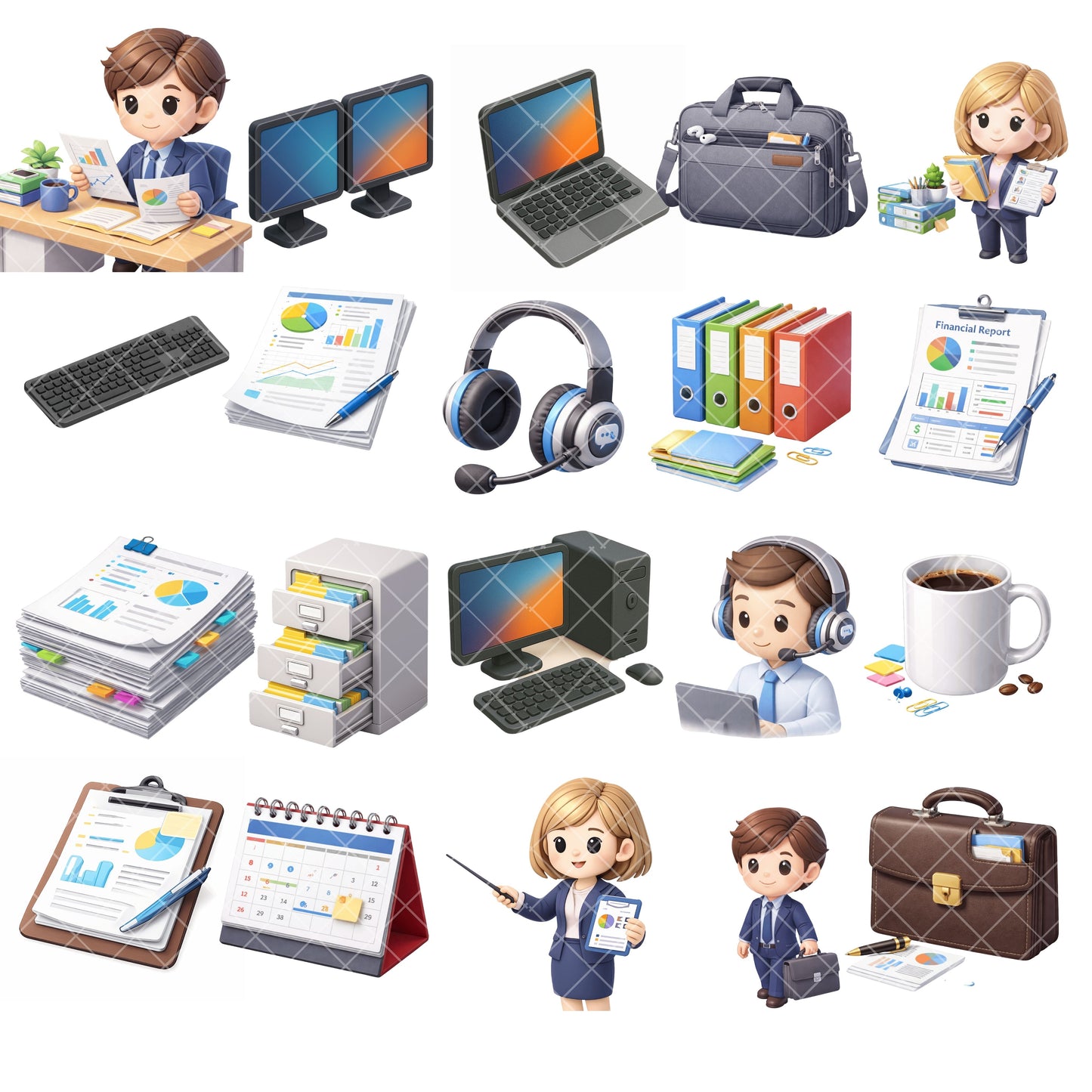 Office Worker PNG Clipart Bundle, Cute Business People & Office Supplies, Commercial Use Clipart, Digital Planner Graphics, 48 PNG