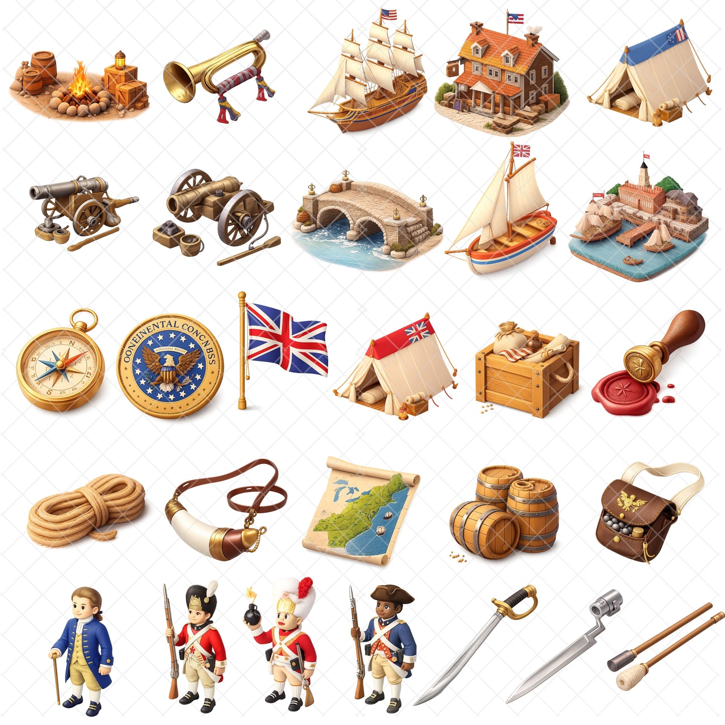 American Revolution 3D Clipart Set – 60 PNG History Illustrations for Classroom & Homeschool