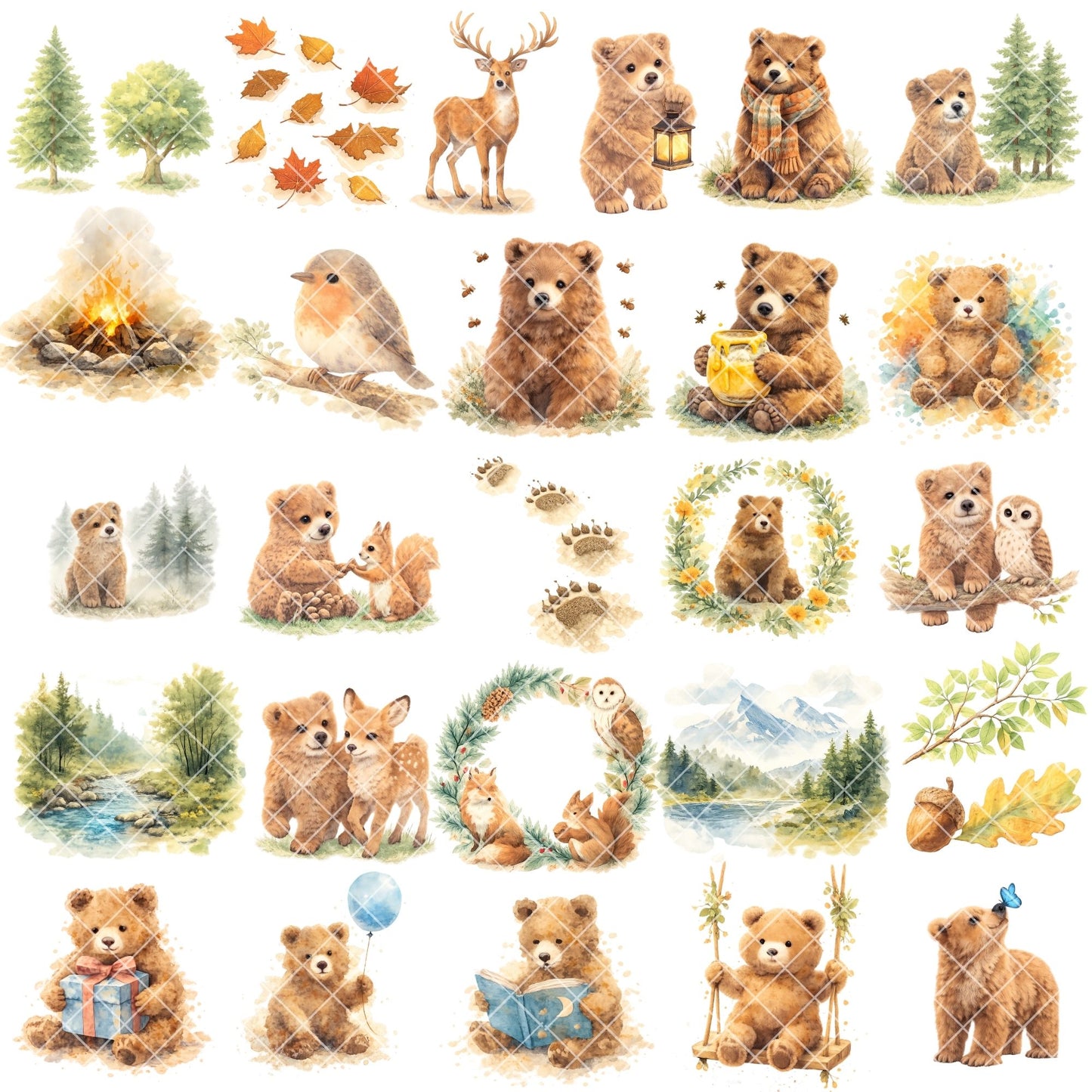 Woodland Bear Clipart Bundle – 52 Watercolor Forest Animals PNG | Nursery & Baby Shower Art