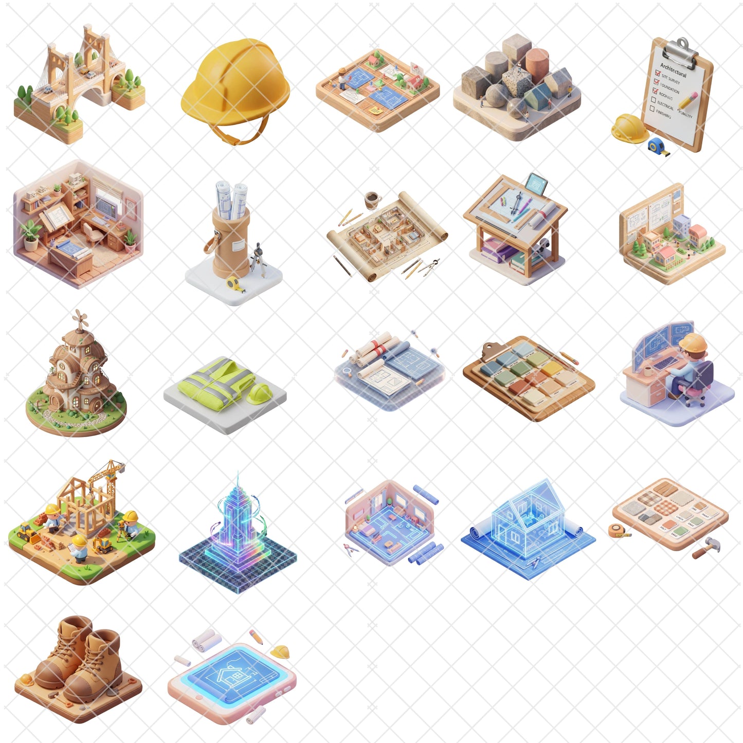 Architect Isometric Clipart Bundle | Construction 3D PNG Graphics | Architecture Tools, Blueprint, Engineer Clipart | STEM Education Design