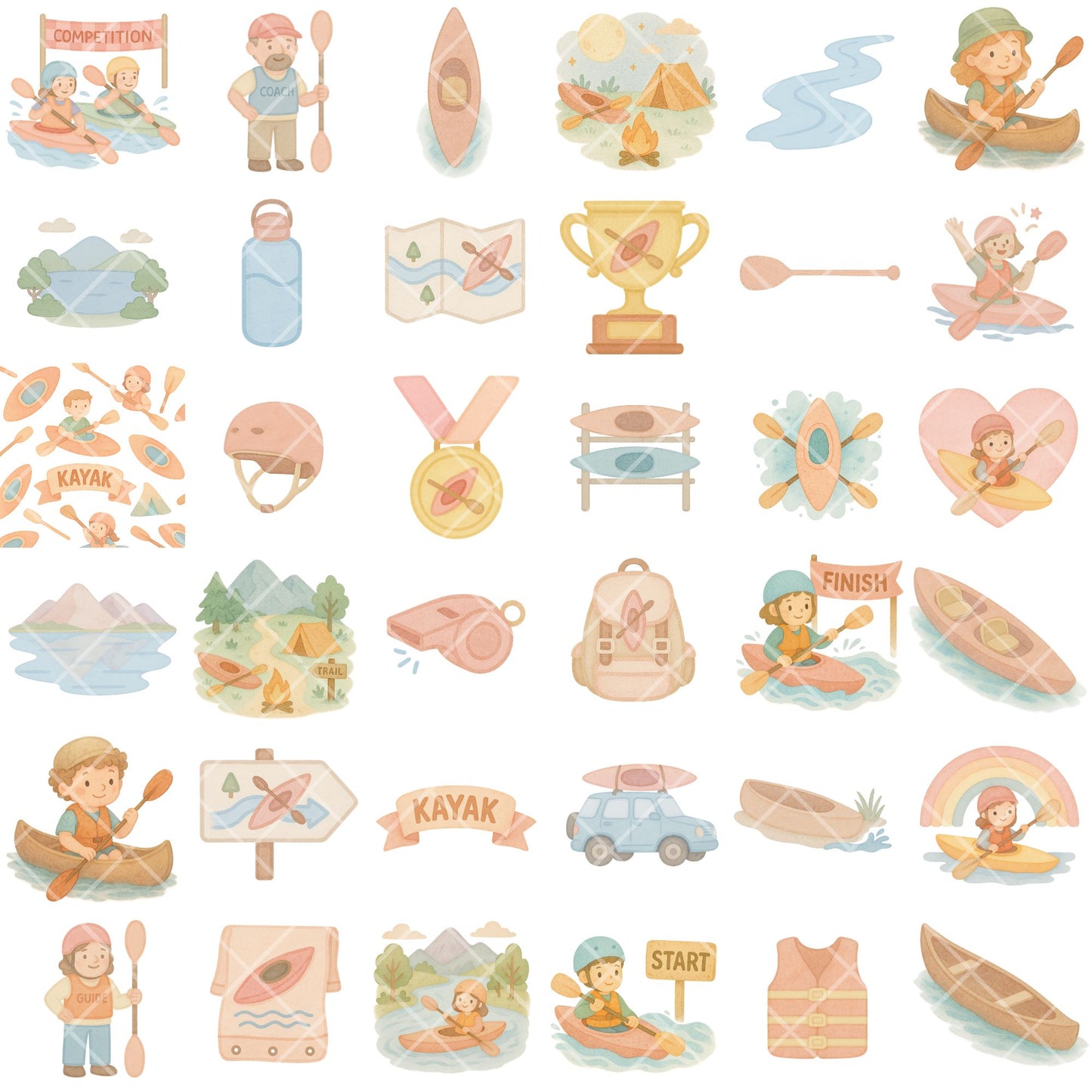 Kayaking Watercolor Clipart, Adventure Sports PNG Bundle, Outdoor Kayak Art, Camping & Summer Graphics