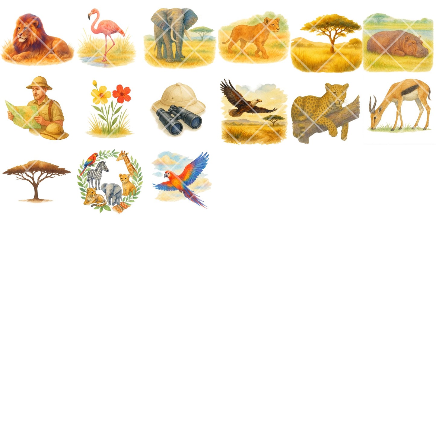 Watercolor Safari Animals Clipart PNG | African Savanna Jungle Animals | Nursery & Classroom Decor | Wildlife PNG Set | Commercial Use