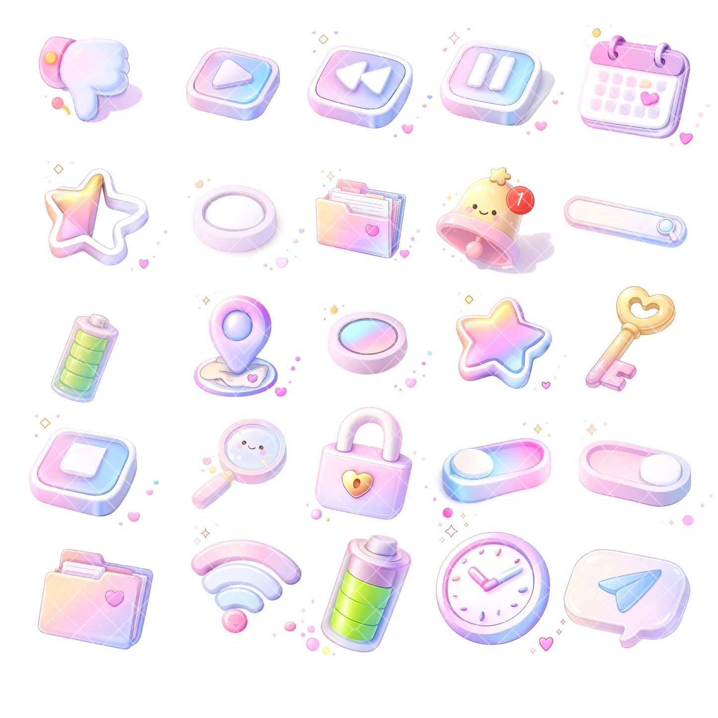 Pastel UI Interface Clipart – 3D Buttons & Icons PNG Bundle (50 Files) – Cute Isometric App Icons, Dashboard Elements, UX Design Graphics