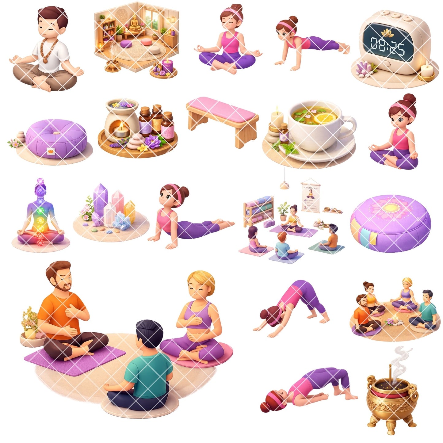 Yoga and Meditation Clipart – 45 Wellness PNG Files – 3D Yoga Poses, Planner Stickers & Instructor Graphics