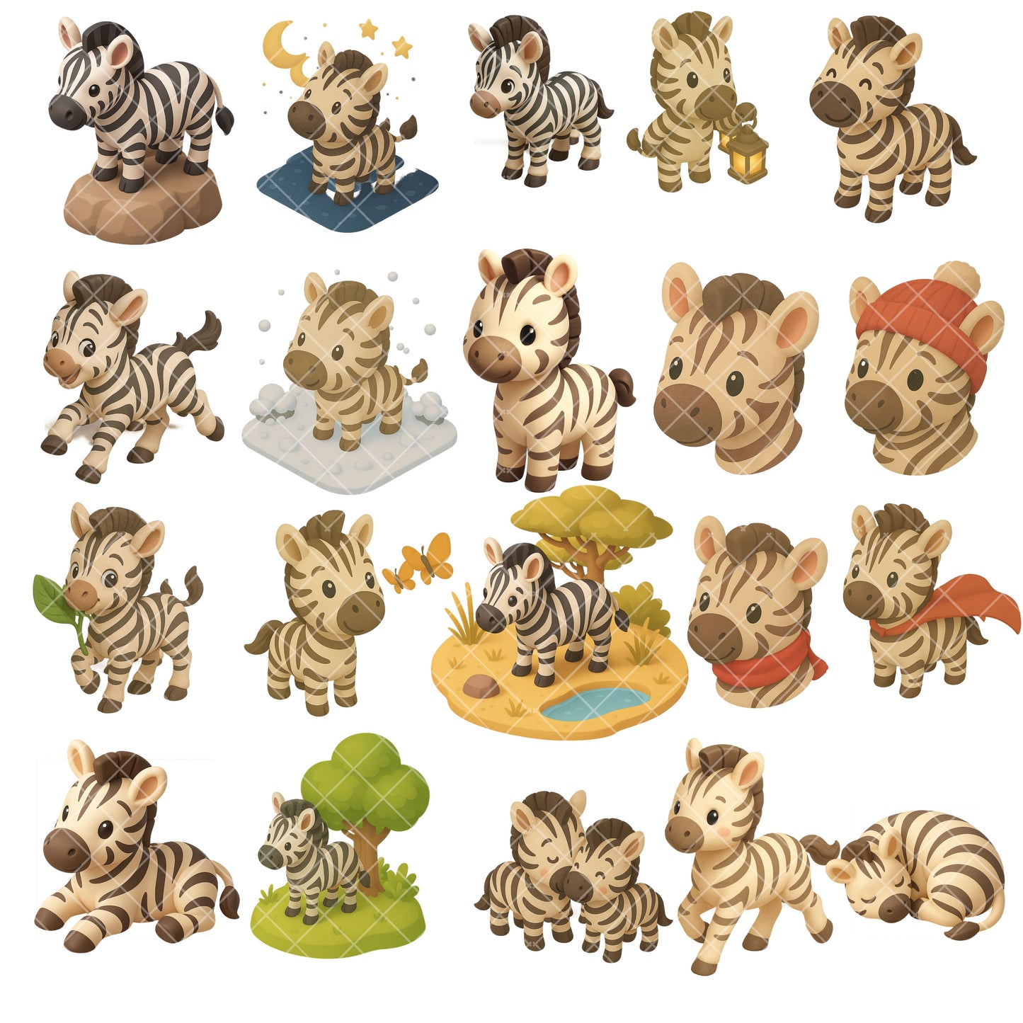 Zebra Clipart Bundle – 3D Isometric Safari PNGs (44 Files) – Cute Jungle Animals, Nursery & Classroom Graphics
