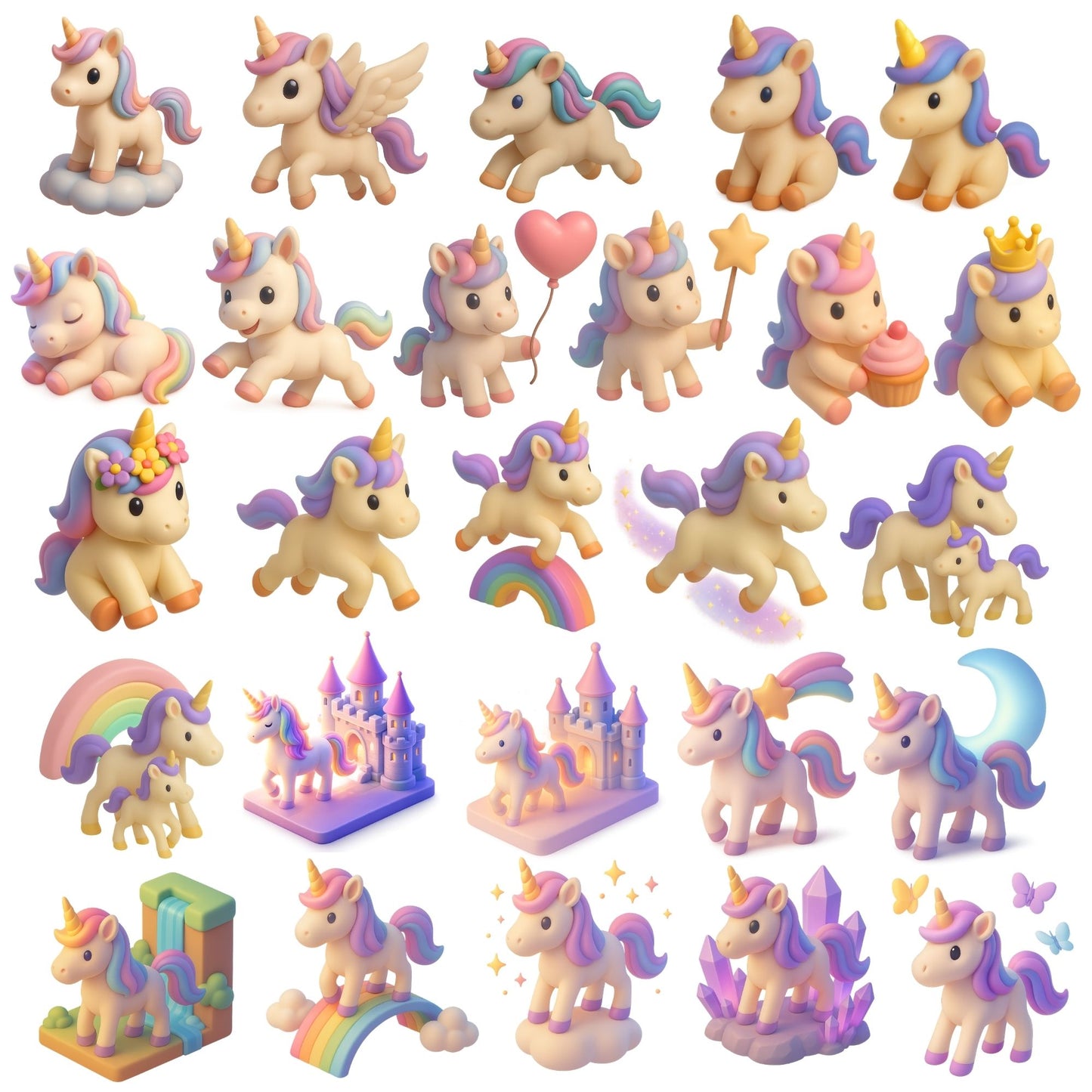 Unicorn PNG Clipart Bundle – 51 Cute Pastel Unicorn Graphics | Magical Creatures, Rainbows & Castle