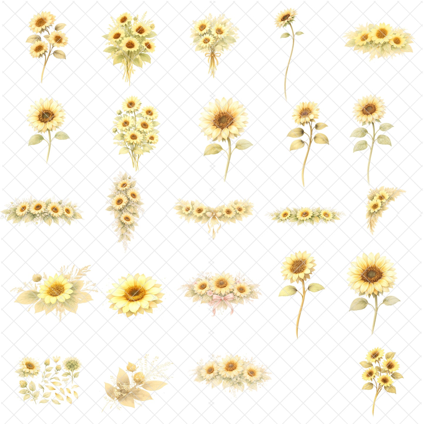 Sunflower Watercolor Clipart Bundle – Yellow Floral PNG for Wedding, Sublimation, Wall Art & Crafts, Hand Painted Flowers, 49 PNG