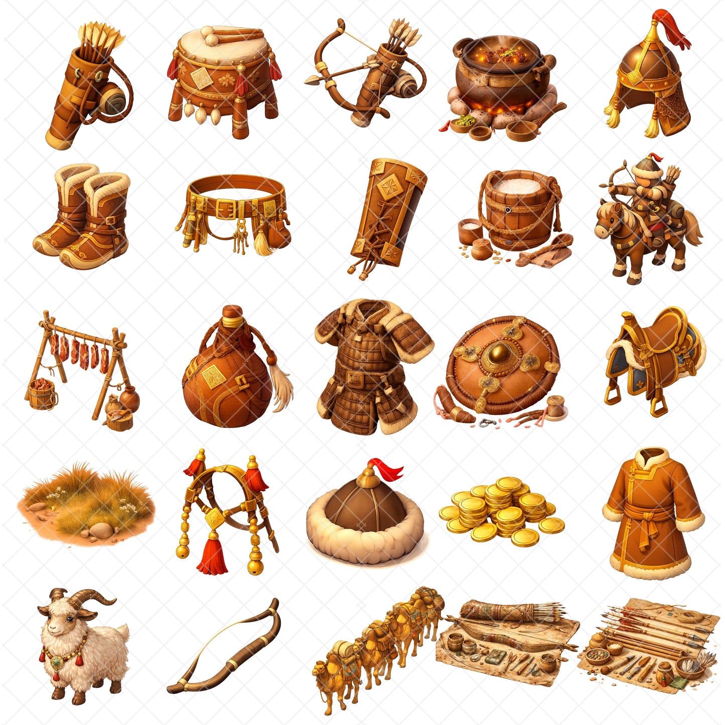 Mongol Empire Clipart Bundle – Warriors, Horses & Nomadic Life PNG, Ancient History Classroom Graphics, Educational 3D Art, 52 PNG