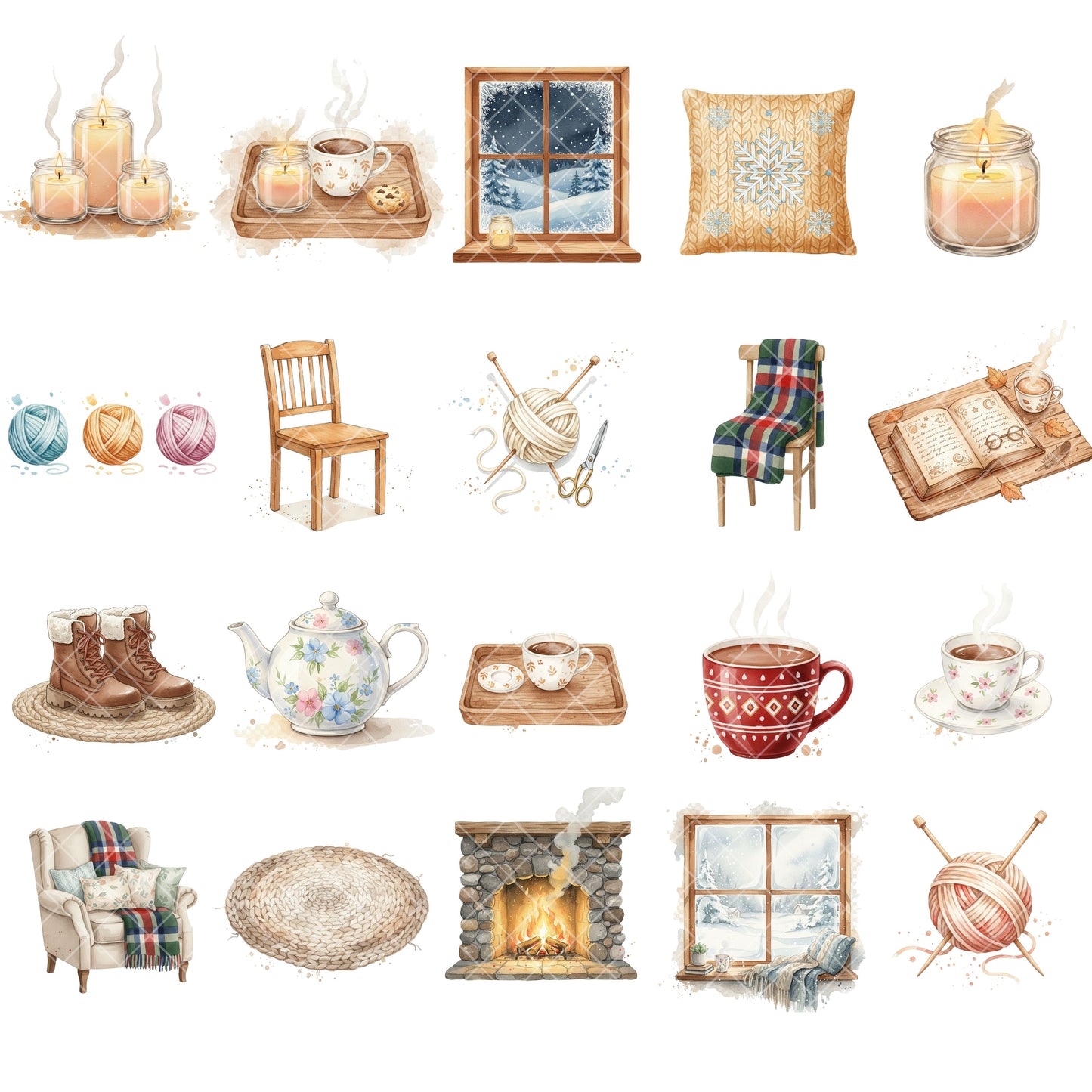 Hygge Winter Watercolor Clipart – Cozy Lifestyle PNG Bundle | Sweaters, Hot Cocoa, Books, Winter Fashion Art