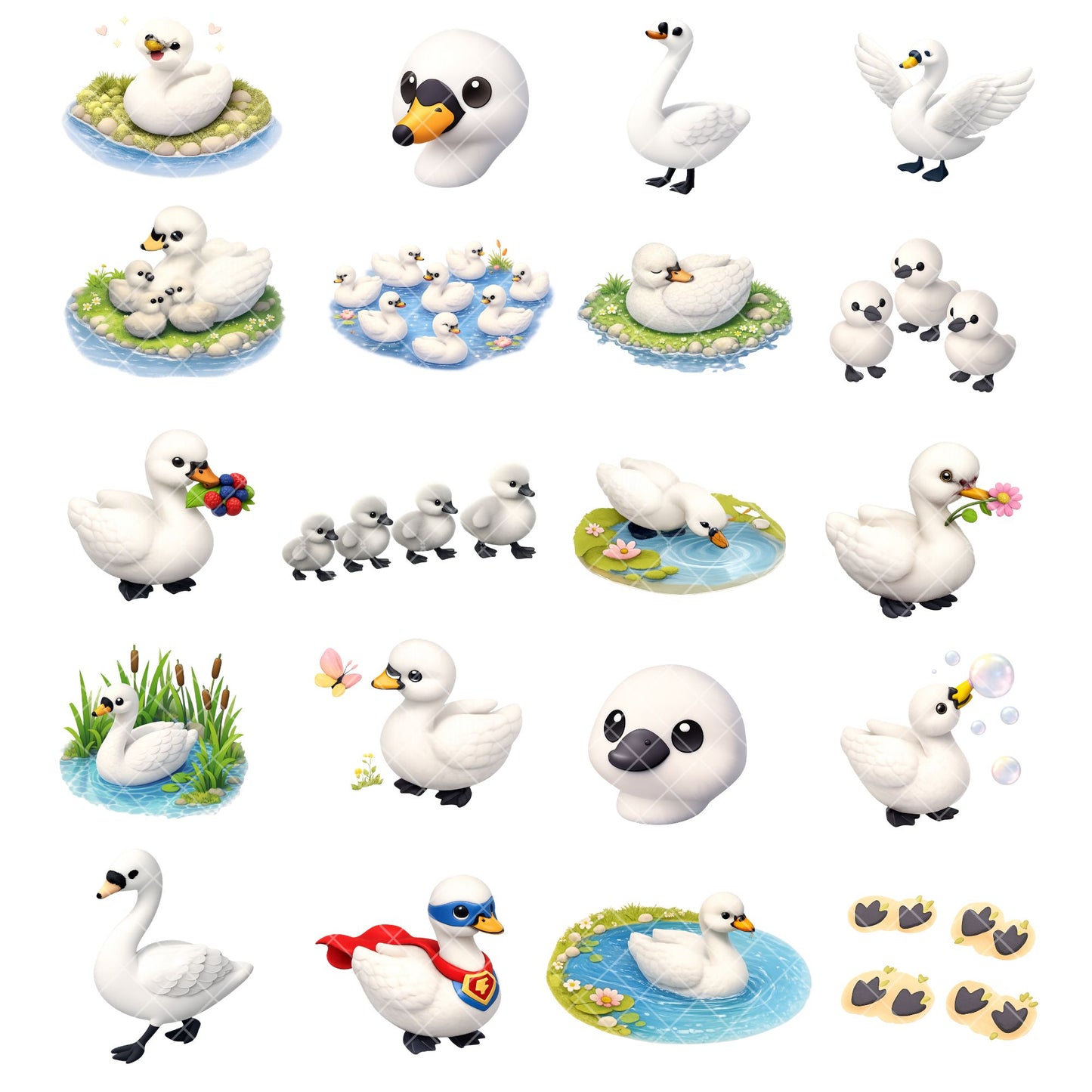 Swan Clipart Bundle – 3D Isometric PNG Graphics (40 Files) – Cute Swans & Ducklings, Nursery Art, Sublimation Design