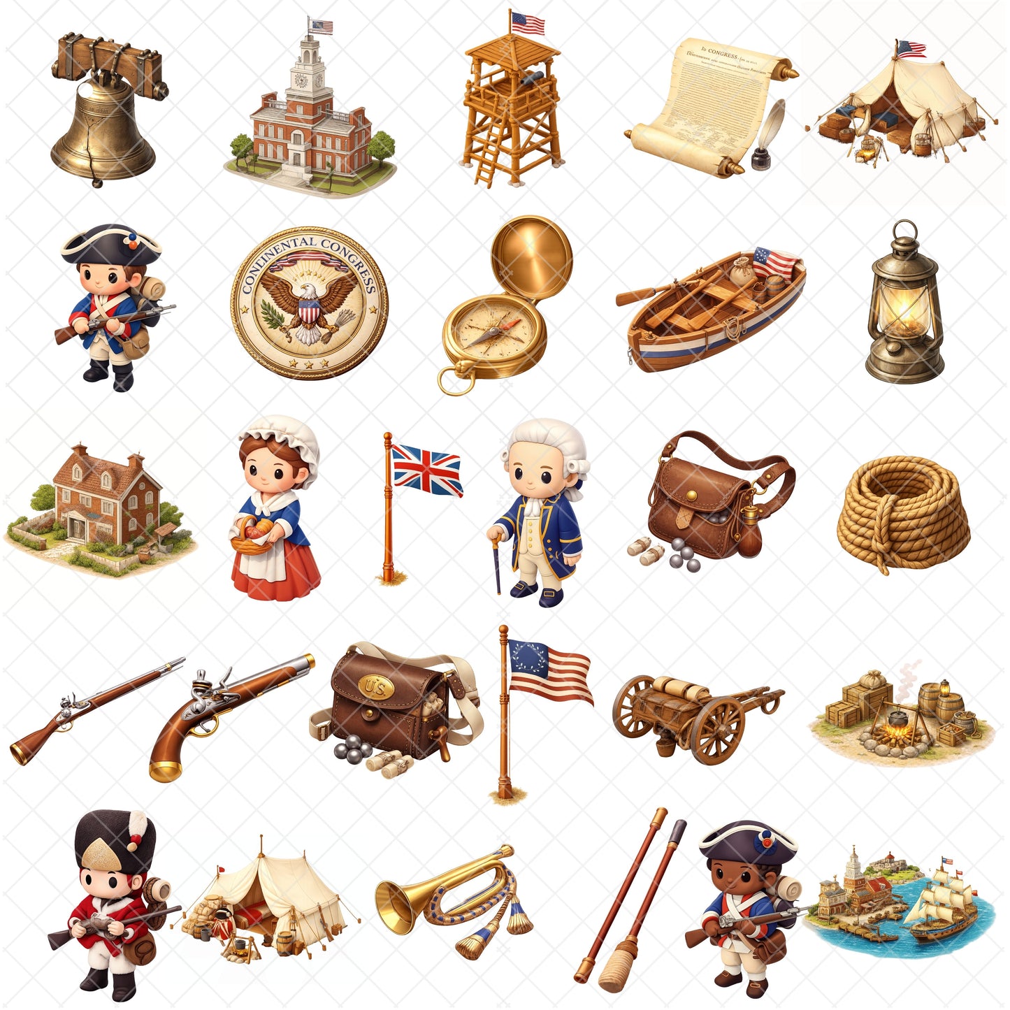 American Revolution Clipart Bundle – Colonial Soldiers, Flags & Camps PNG, US History Classroom Graphics, Educational 3D Art, 59 PNG