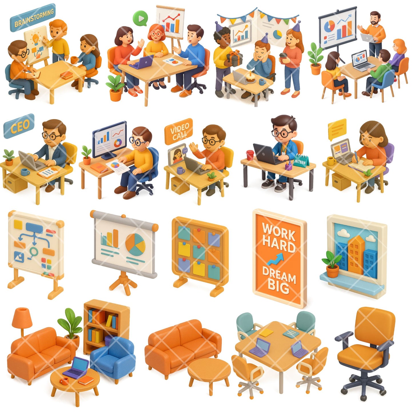 Tech Office Watercolor Clipart – Startup Workspace PNG Bundle | Business, Coding, Remote Work (60 Files)