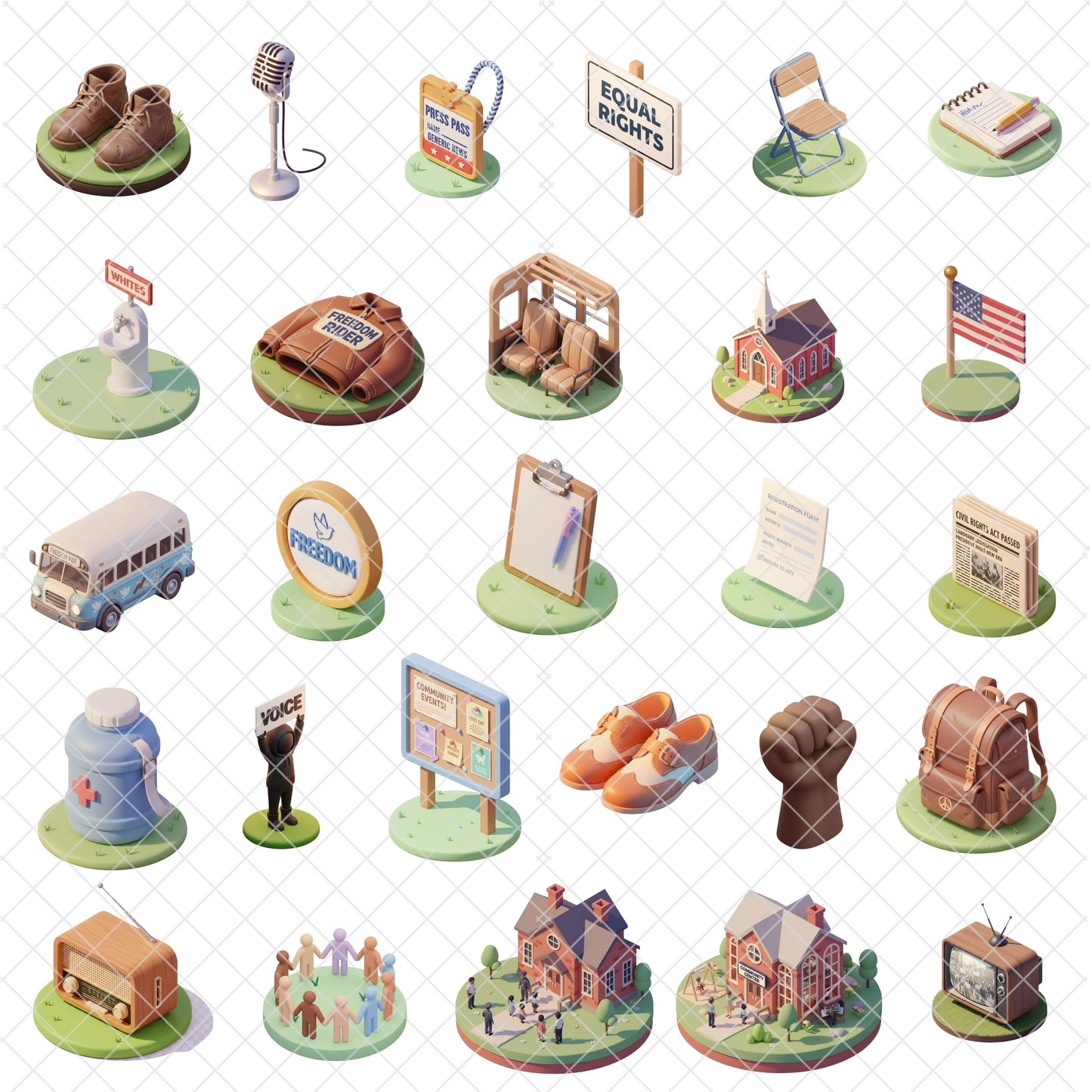 American Civil Rights 3D Clipart PNG Bundle – 54 Equality & Justice History Graphics for Education