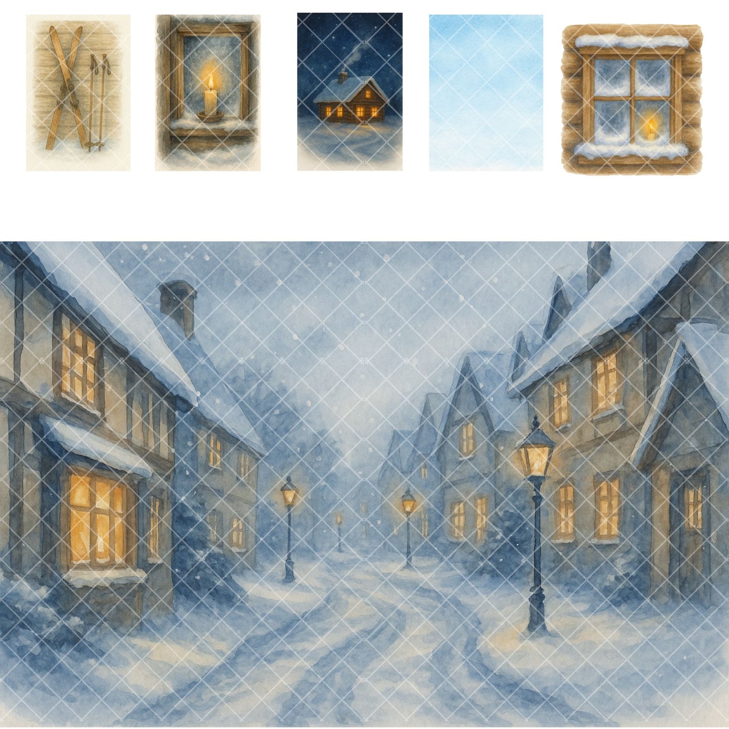 Winter Village Watercolor Clipart – Cozy Cabin Snow PNG Bundle, Rustic Christmas Winter Scenes (53 Files)