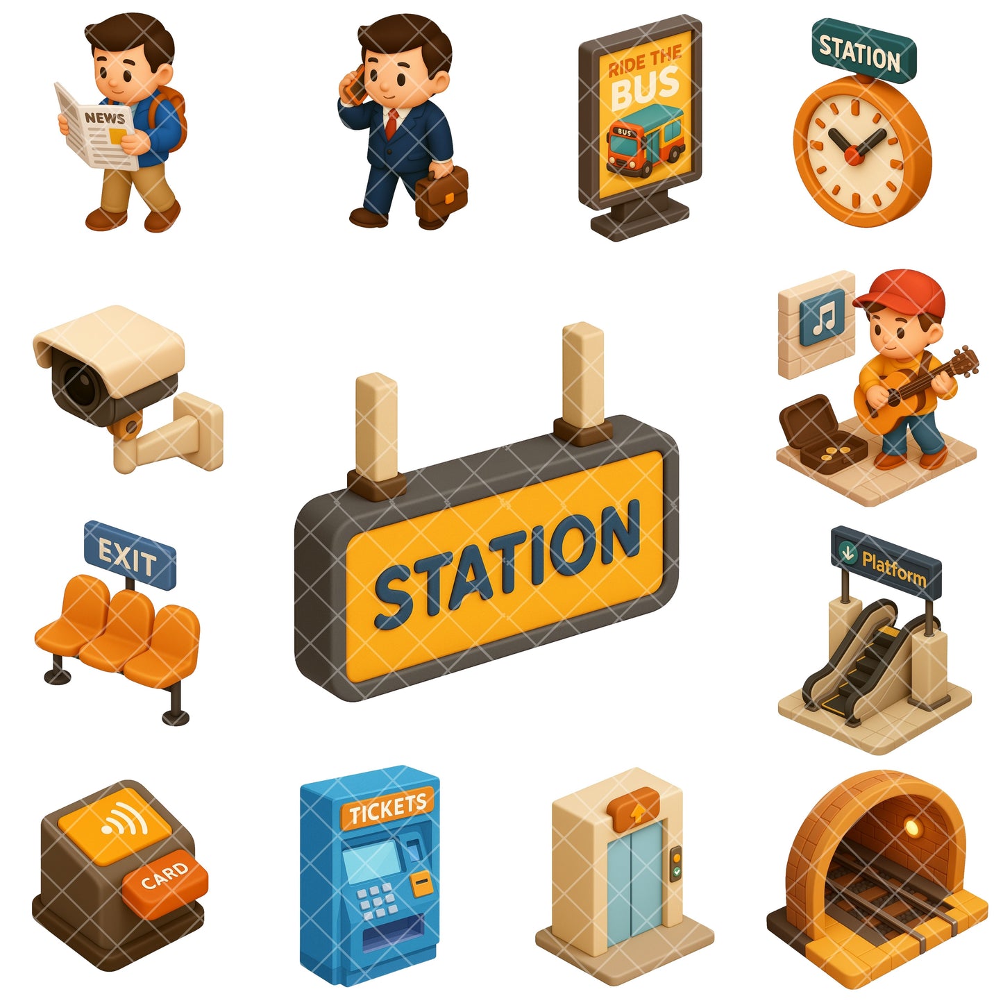 Subway Station Clipart Bundle – 3D Isometric City Transport PNG, Public Transit Graphics, Urban Train Station Icons, 65 PNG