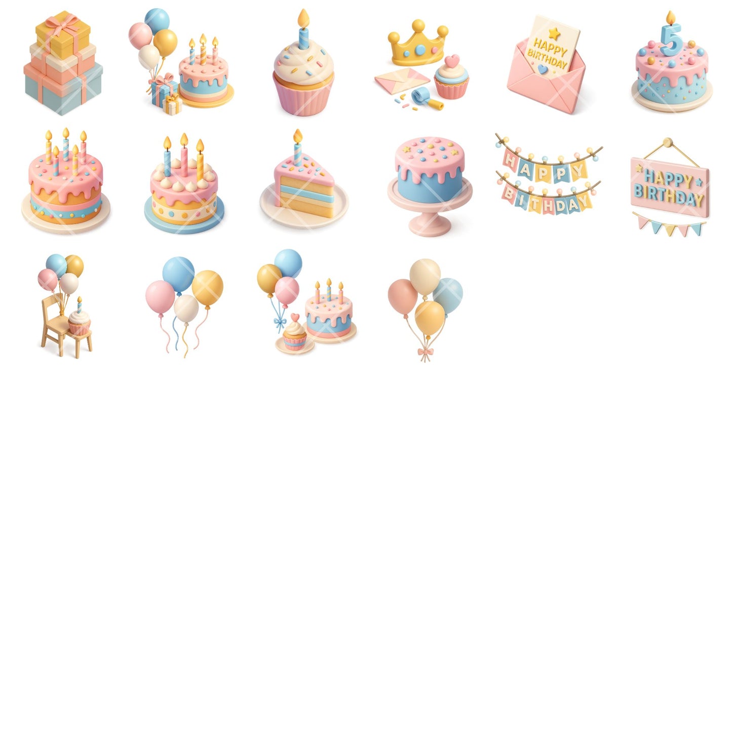Birthday Party Clipart PNG | Cake Balloons Gifts | Pastel Birthday Decor | Party Invitation Clipart | Commercial Use