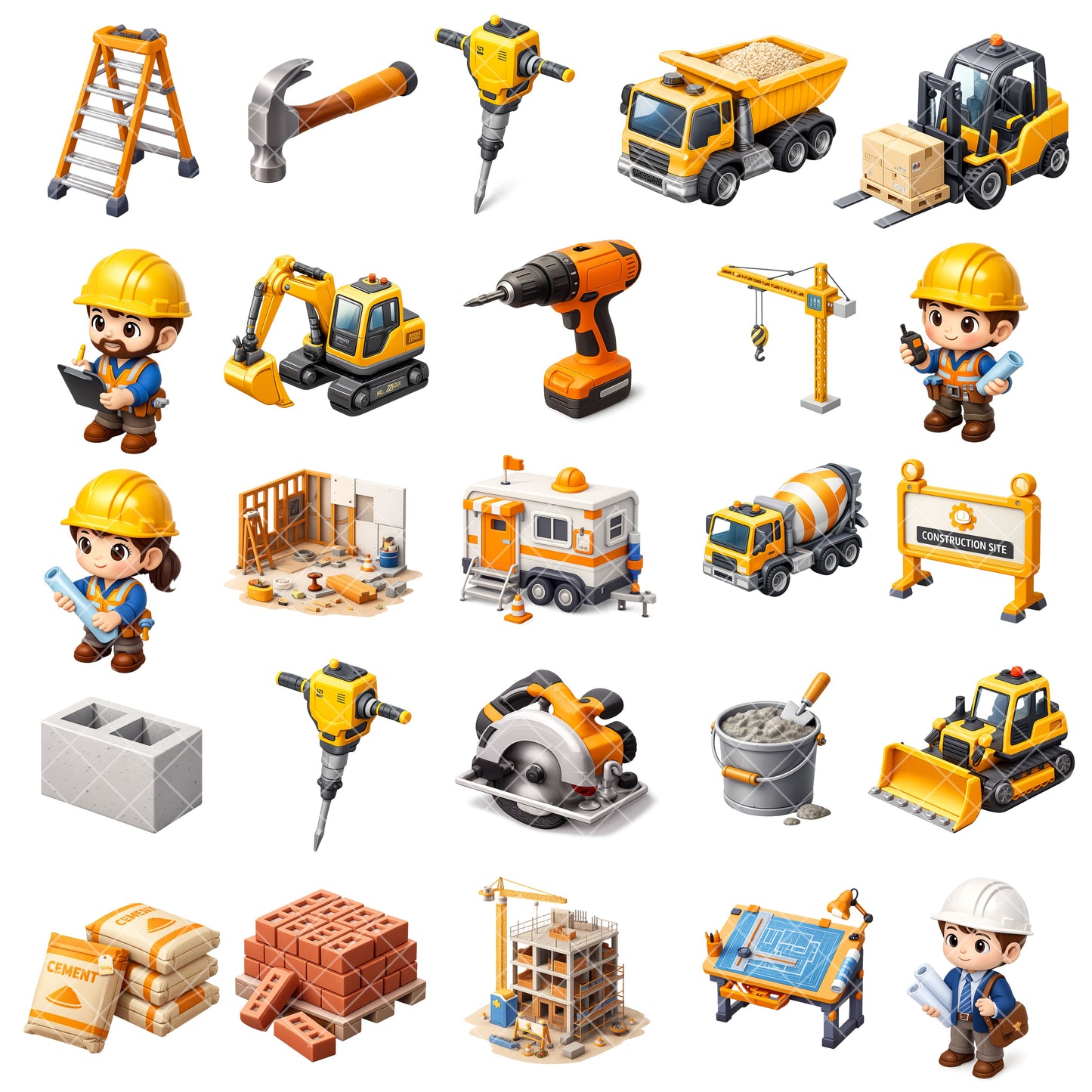 Construction Worker PNG Clipart, Builder Tools & Trucks, Cute Construction Graphics, Kids Crafts, Planner Stickers, Commercial Use, 50 PNG