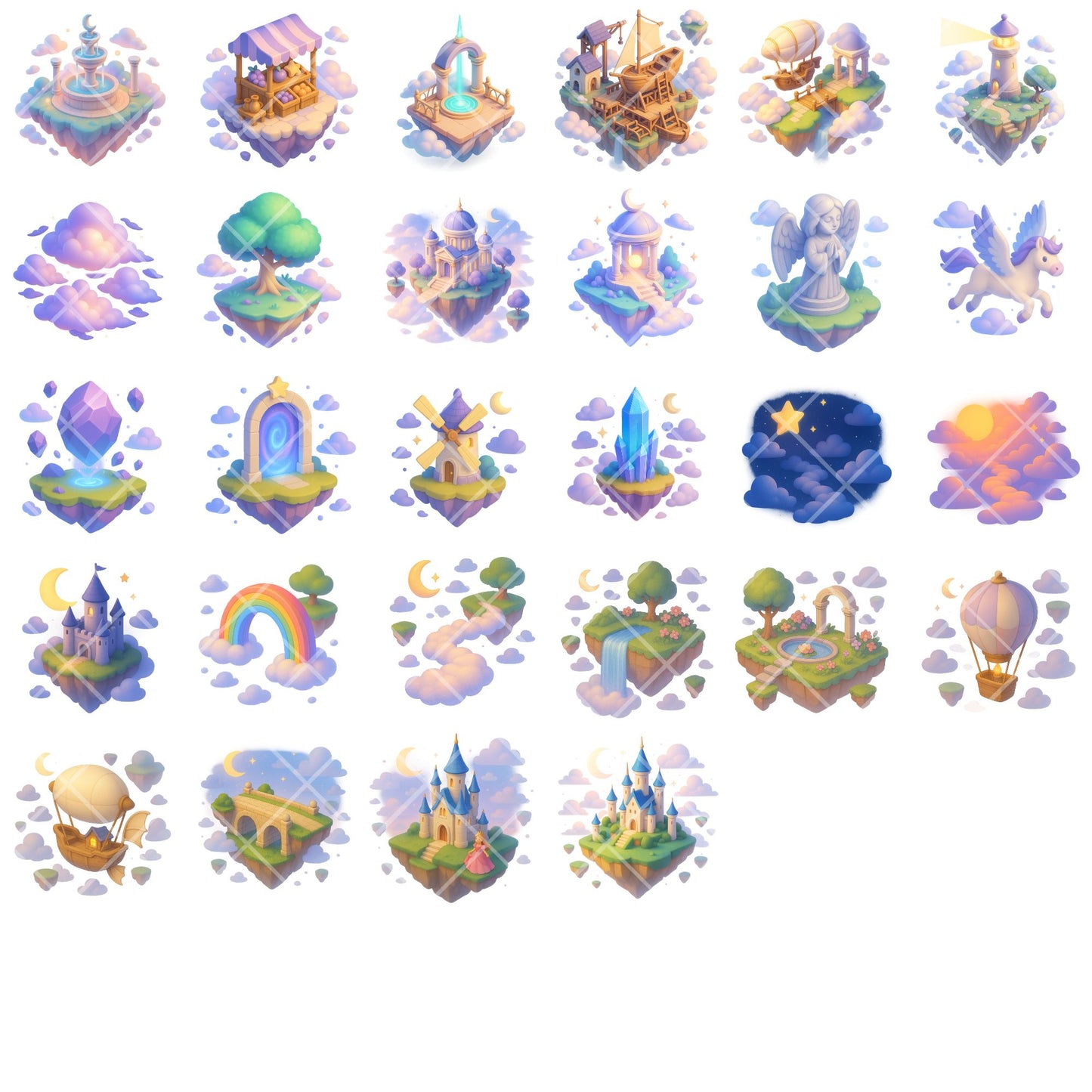 Floating Island Clipart, Sky Kingdom PNG Bundle, Fantasy Castle Clouds Islands, Magical Celestial Art (64 PNG)