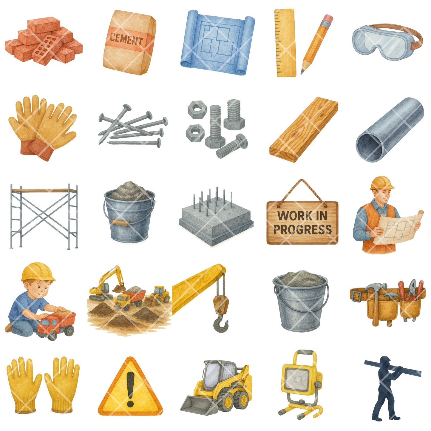 Construction Watercolor Clipart PNG | Construction Vehicles & Tools | Kids Construction Party Art | Builder Clipart | Commercial Use