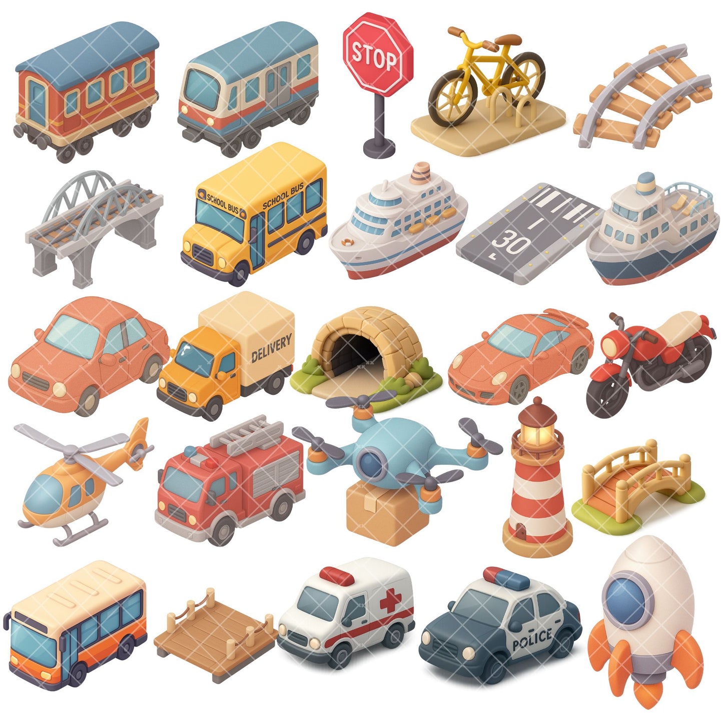 Transportation PNG Clipart – 3D Vehicle Graphics for Kids, Cars, Planes, Trains & Travel Art (50 Files)