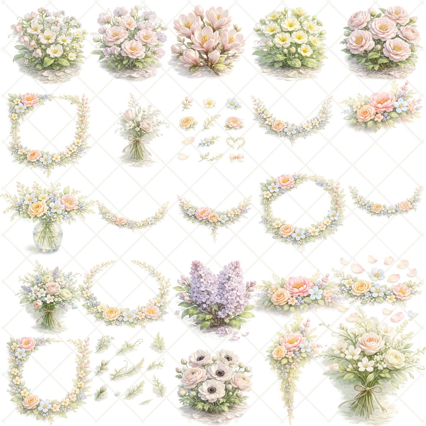 Spring Watercolor Floral Clipart – Pastel Magnolia & Rose PNG Bundle (55 Files) – Wedding, Easter & Bridal Shower Graphics