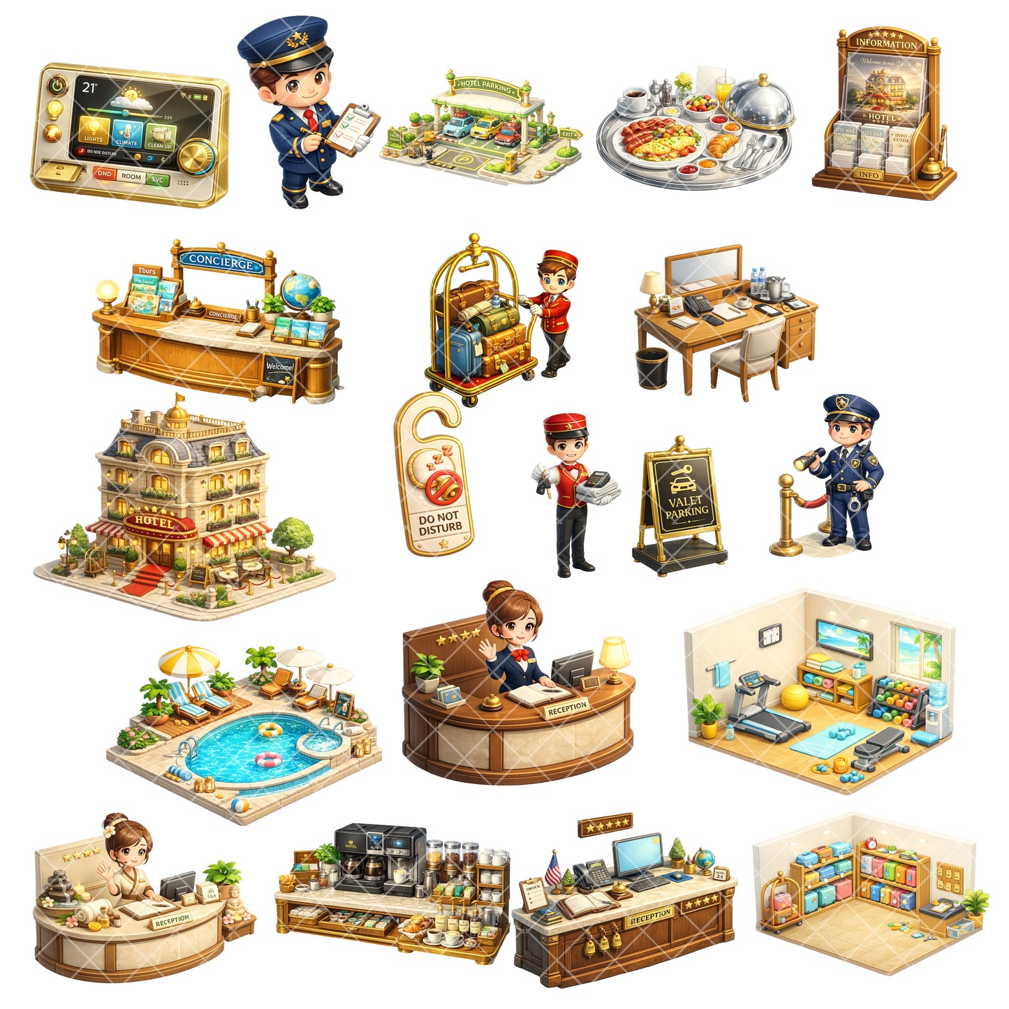 Hotel Hospitality 3D Clipart Bundle – Isometric Travel PNGs (48 Files) – Tourism, Airbnb & Hotel Branding Graphics