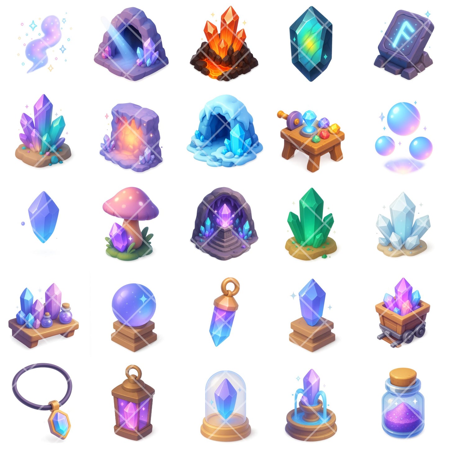 Crystal Cave Clipart, 3D Gemstones PNG, Fantasy Minerals Alchemy Art, Enchanted Crystals & Caves Set (65 PNG)