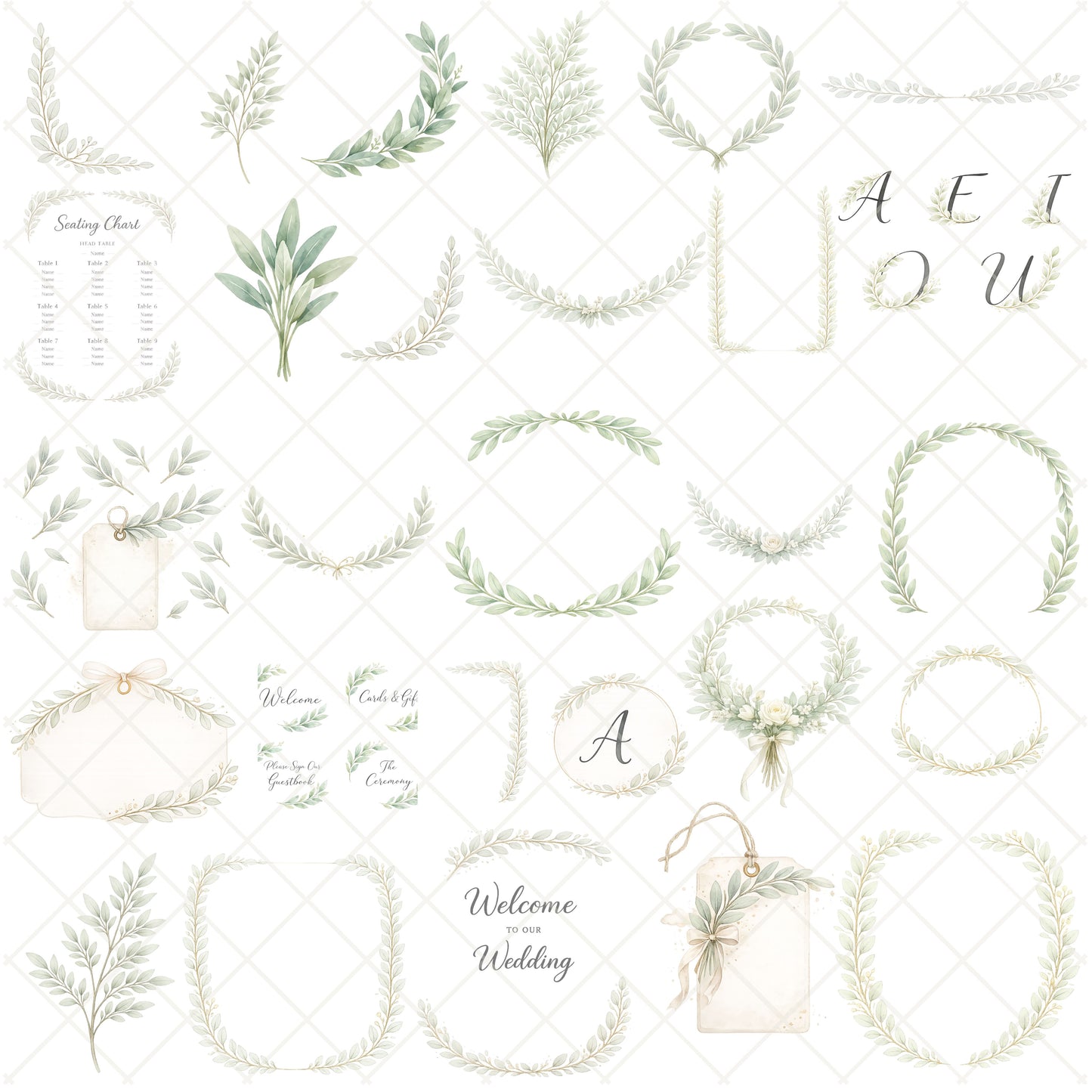 Sage Green Wedding Clipart – 55 Watercolor Greenery PNG Files – Minimal Botanical Floral Invitation Set