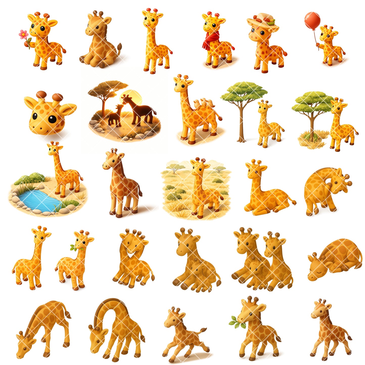 3D Giraffe Clipart Bundle – 52 Cute Isometric Jungle PNGs | Safari Nursery Art