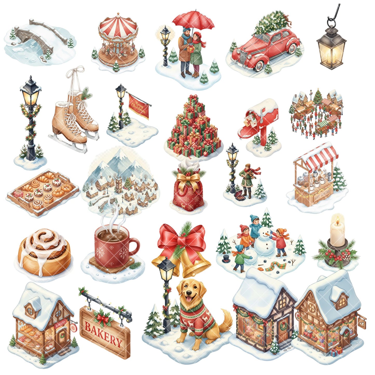 Winter Village Watercolor Clipart – Christmas Market PNG Set, Holiday Town Scene, Snowy Village Illustrations, 62 PNG Files