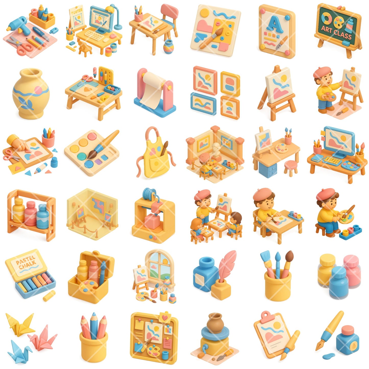 3D Isometric Art Class Clipart, Art Supplies PNG Bundle, Creative Classroom Graphics, Kids Art School Clipart
